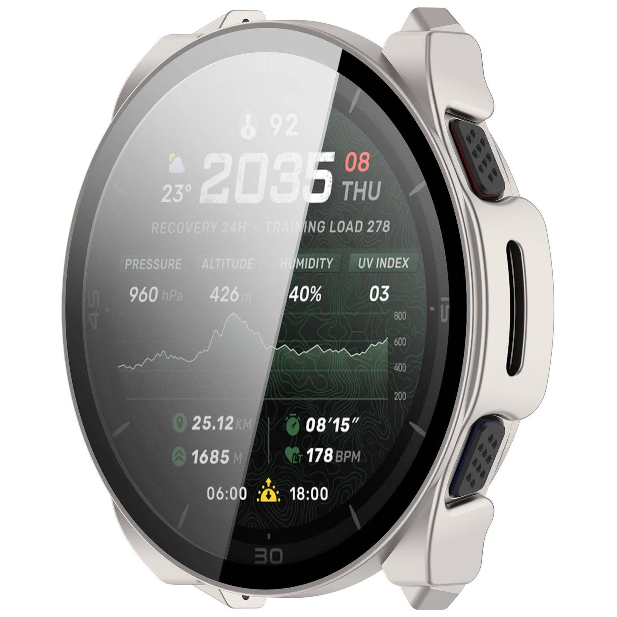 Runde Smartwatch mit digitalem Fitness-Dashboard, das die Uhrzeit 20:35, Datum 08 Do, Wetter, Herzfrequenz, Luftfeuchtigkeit, UV-Index und Aktivitätsstatistiken anzeigt.