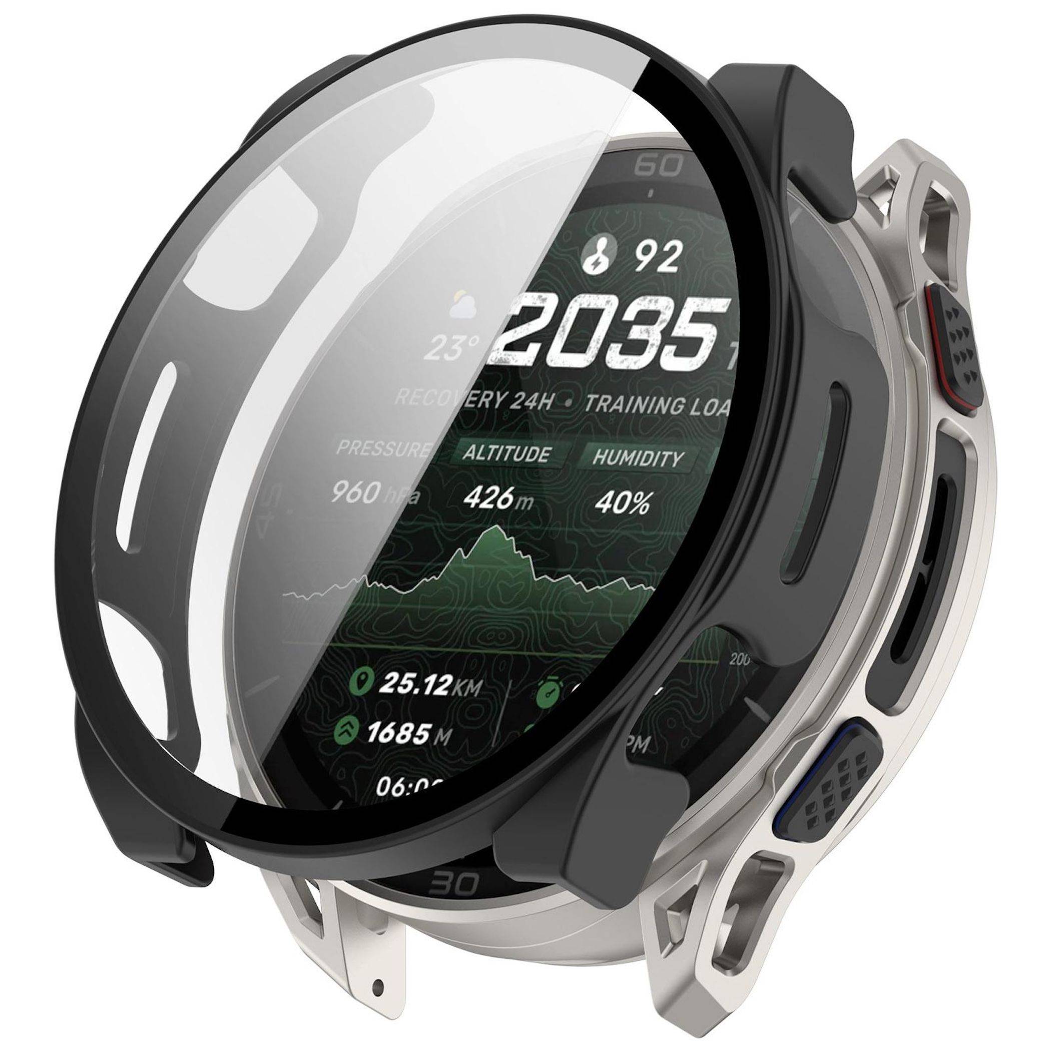 Eine robuste runde Smartwatch mit glänzender Schutzabdeckung, die ein Fitness-Dashboard mit der Uhrzeit 20:35, Herzfrequenz 92, Höhe, Luftfeuchtigkeit und Aktivitätsstatistiken anzeigt.