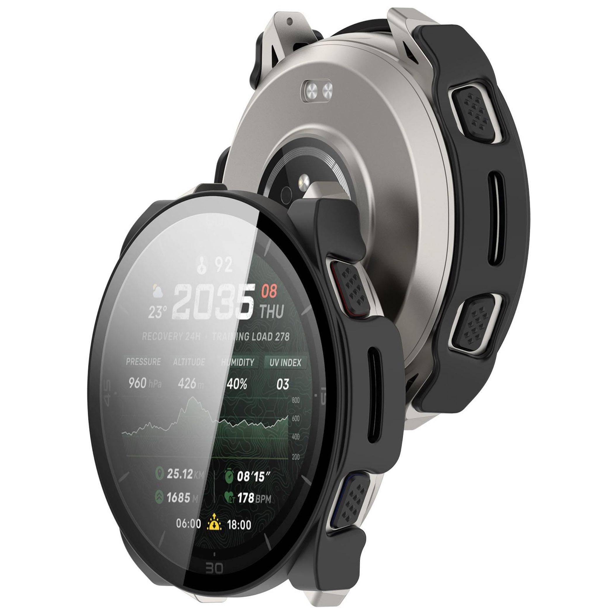 Zwei runde Smartwatch-Designs, eines zeigt ein Fitness-Dashboard mit Uhrzeit, Schritten, Herzfrequenz und Wetter; das andere zeigt die Rückseite und das Armband.