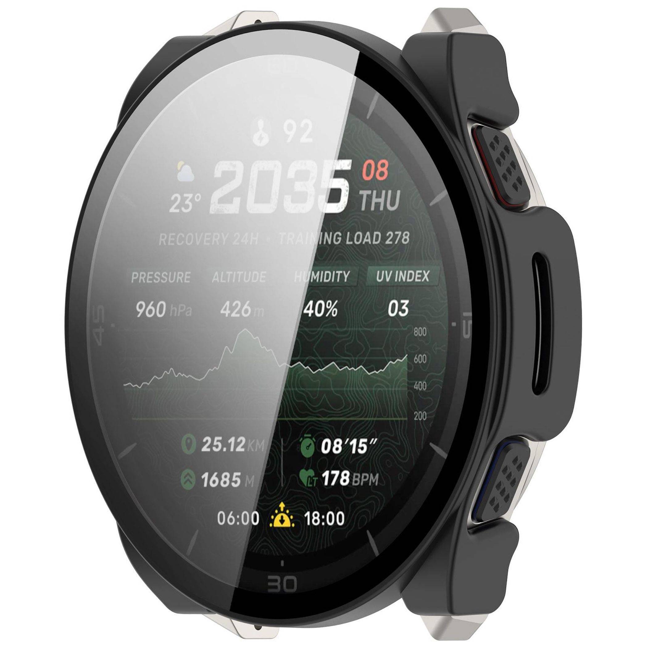 Runde Smartwatch mit Fitness-Dashboard, die die Uhrzeit 20:35, das Datum 08 DO, Wetter 23°, Erholung 92, Trainingsbelastung 278 und Gesundheitsstatistiken anzeigt.
