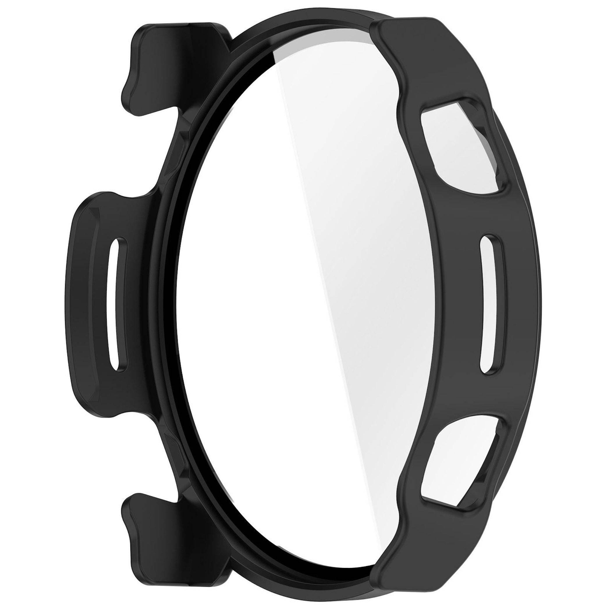 Schwarze Schutzbezelmulde für eine runde Smartwatch, in Profilansicht mit offenen Aussparungen und seitlichem Tasten-Zugang.