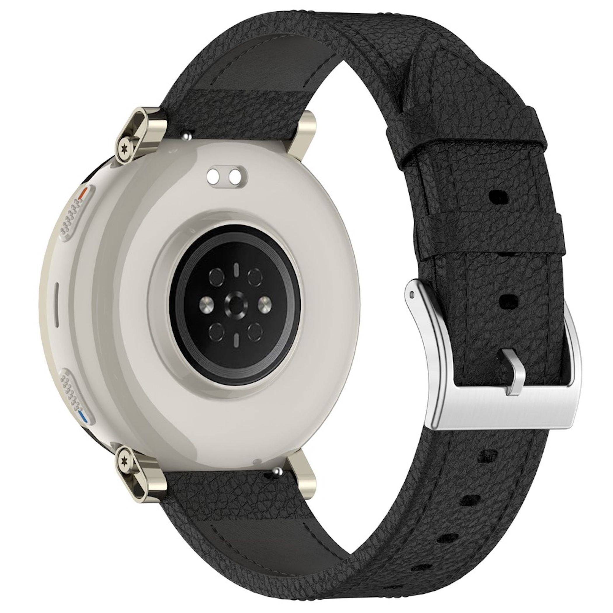 Rückansicht einer runden Smartwatch mit schwarzem strukturiertem Lederarmband und silberner Schnalle auf weißem Hintergrund.