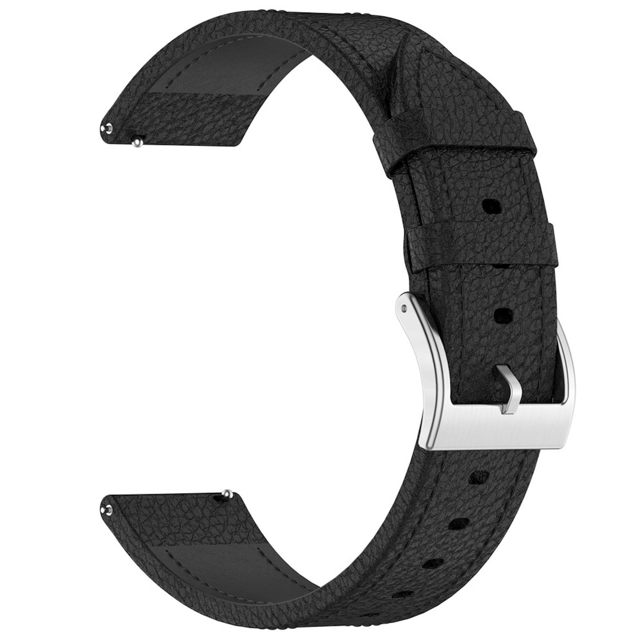 Schwarzes strukturiertes Lederarmband mit silberner Schnalle und gekrümmten Enden auf weißem Hintergrund.