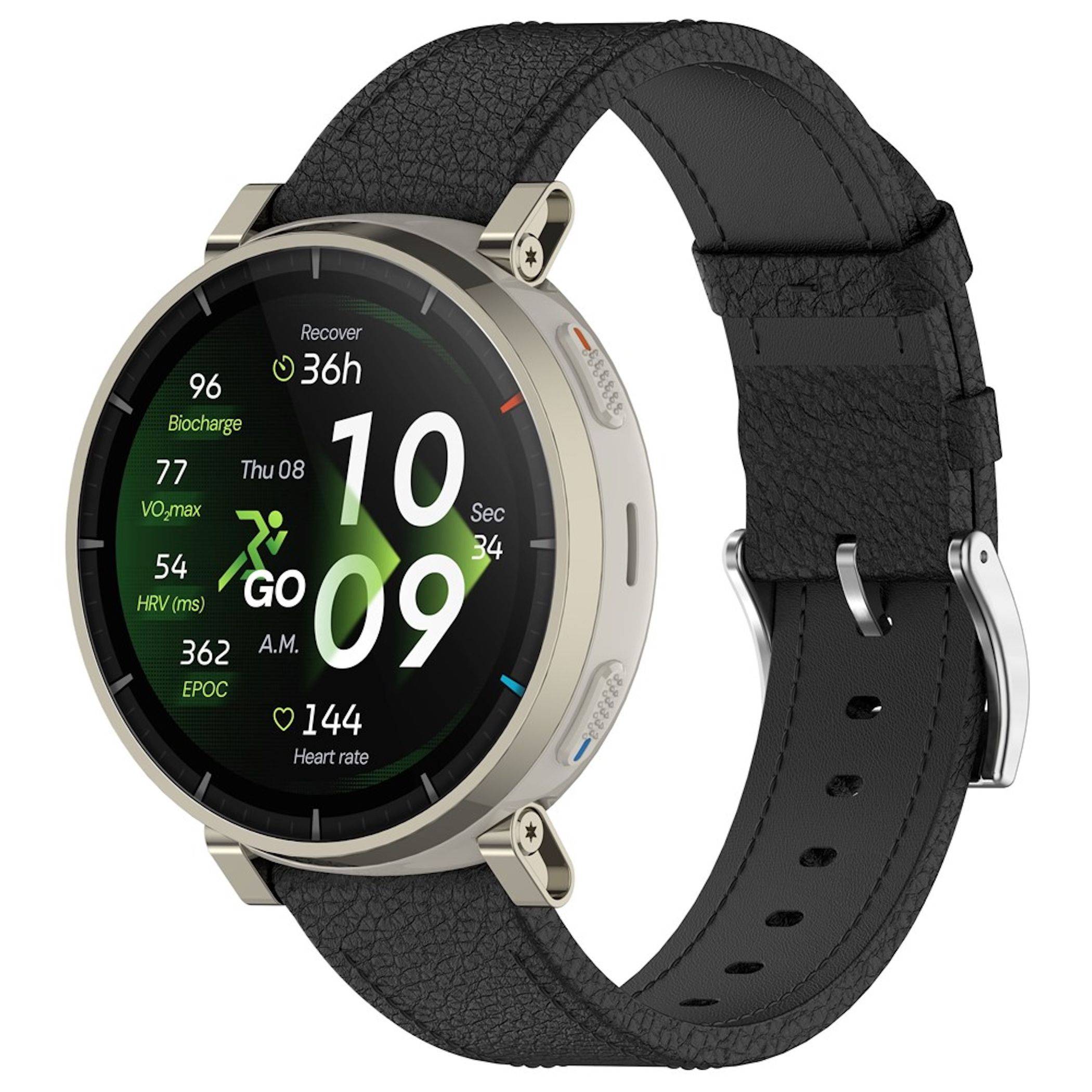 Schwarze runde Smartwatch mit Lederarmband, die Fitnessdaten wie Uhrzeit, Herzfrequenz, VO2-Max, Biocharge und Erholungszeit anzeigt.