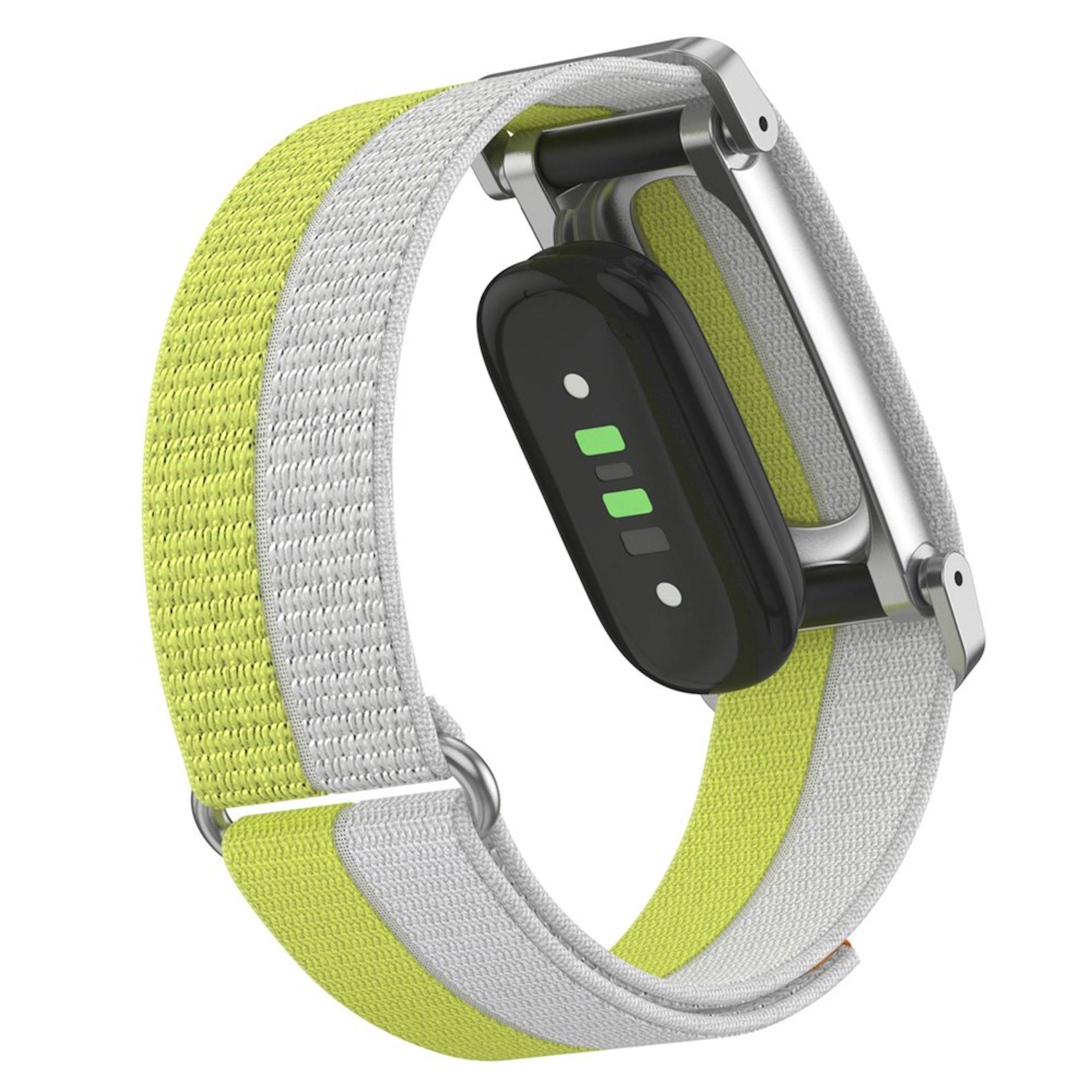 Ein Fitness-Tracker mit schwarzem Display und grünen Indikatoren auf einem hellgrau und lindgrün gewebten Armband.