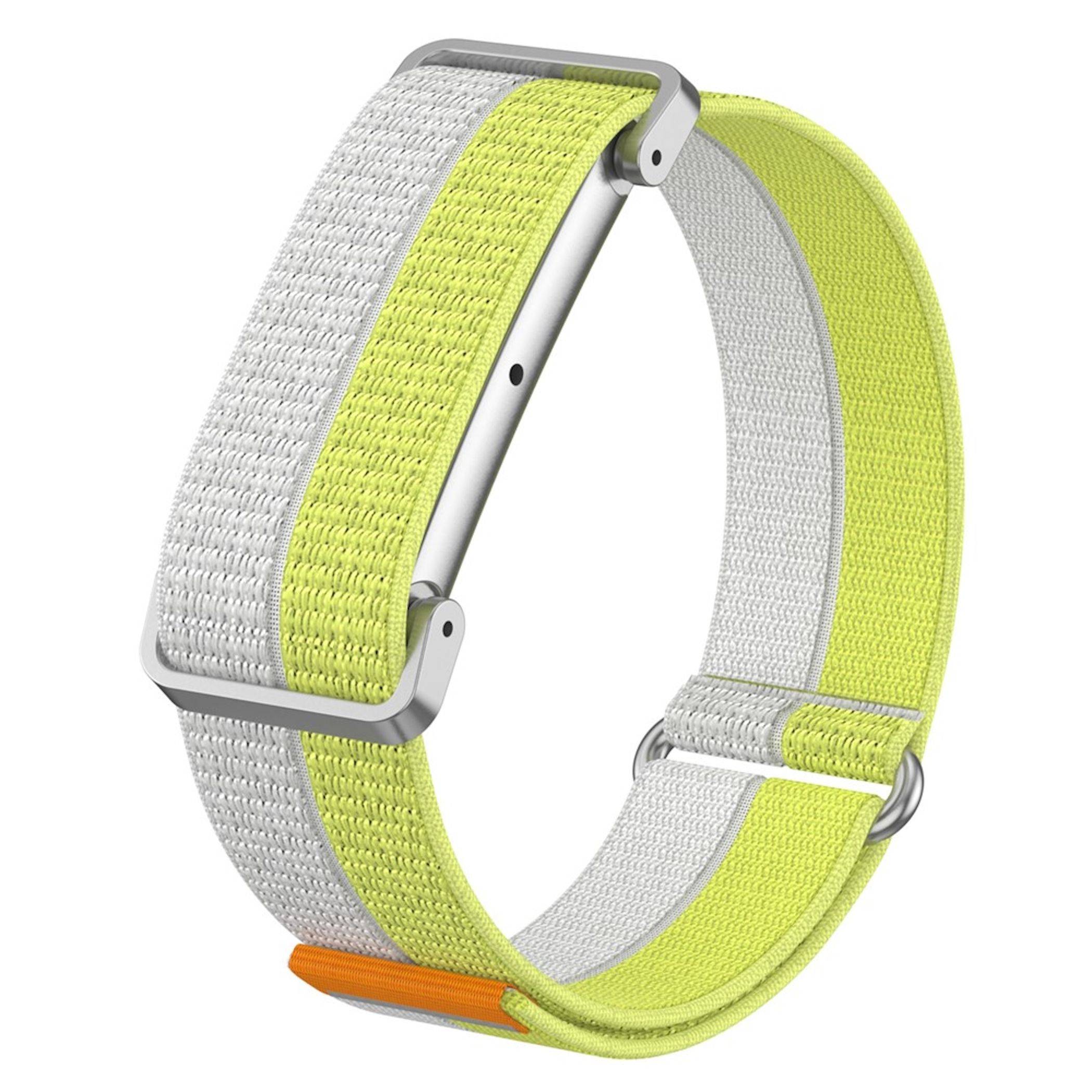 Gelbes und graues gewebtes Smartwatch-Armband mit einer Metallschnalle und orangefarbener Lasche, abgebildet auf weißem Hintergrund.