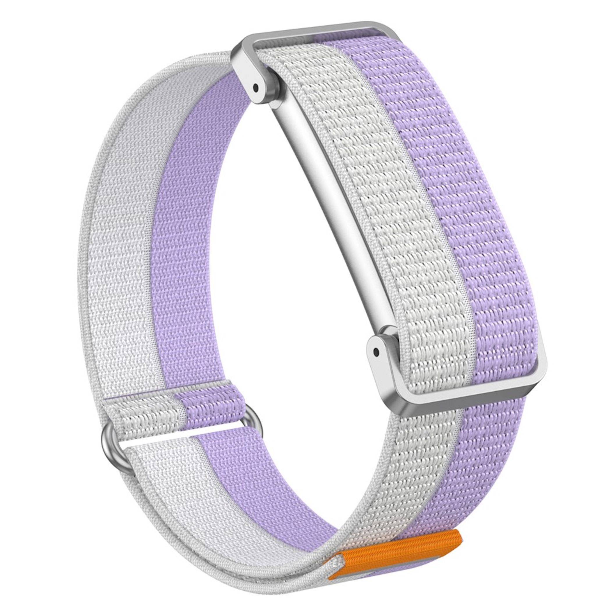 Smartwatch-Armband mit einem lavendel- und hellgrau gewebten Band, silbernem Verschluss und orangefarbenem Akzentlaschen auf weißem Hintergrund.
