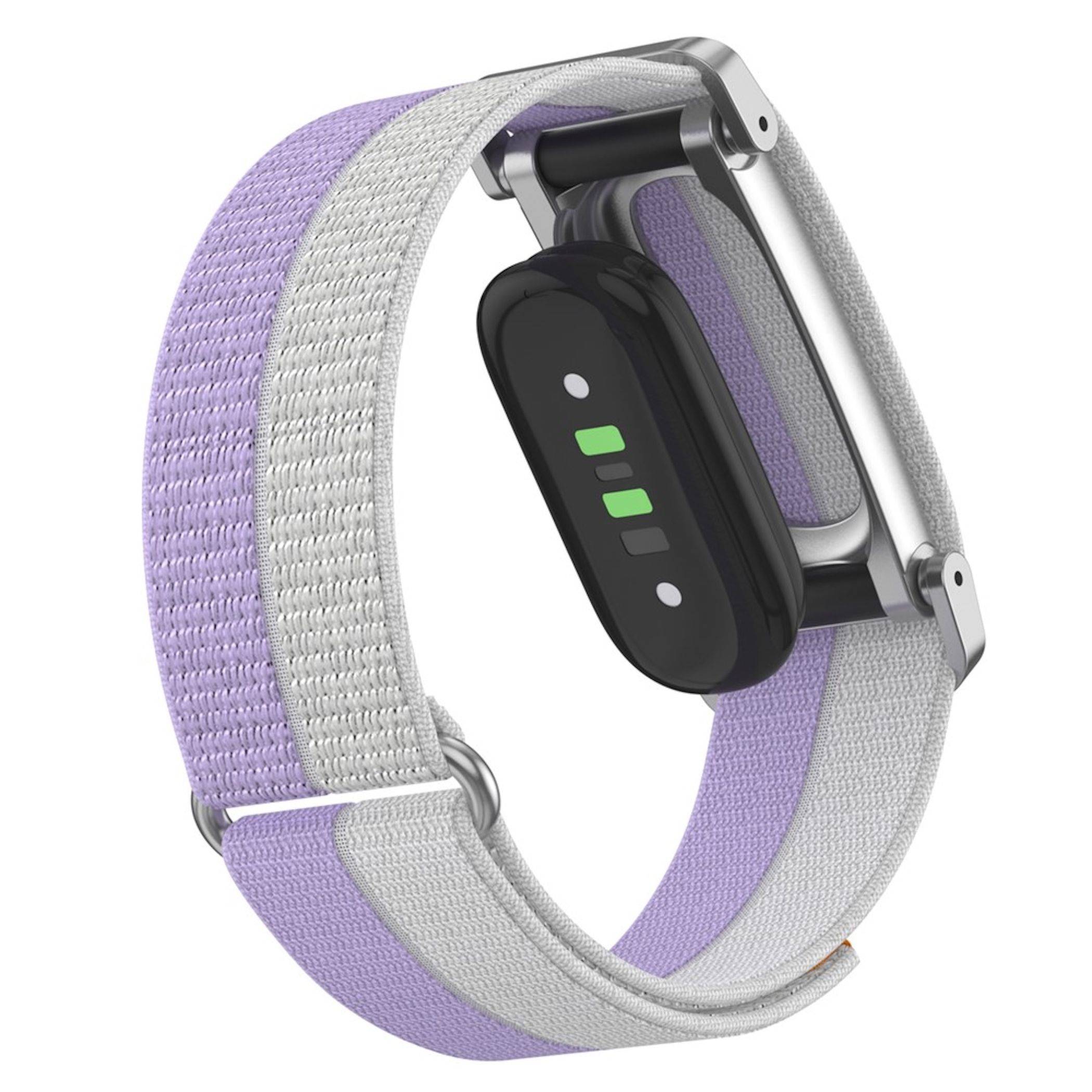 Violetter und grauer Fitness-Tracker mit schwarzem Modul und verstellbarem gewebtem Armband auf weißem Hintergrund gezeigt.