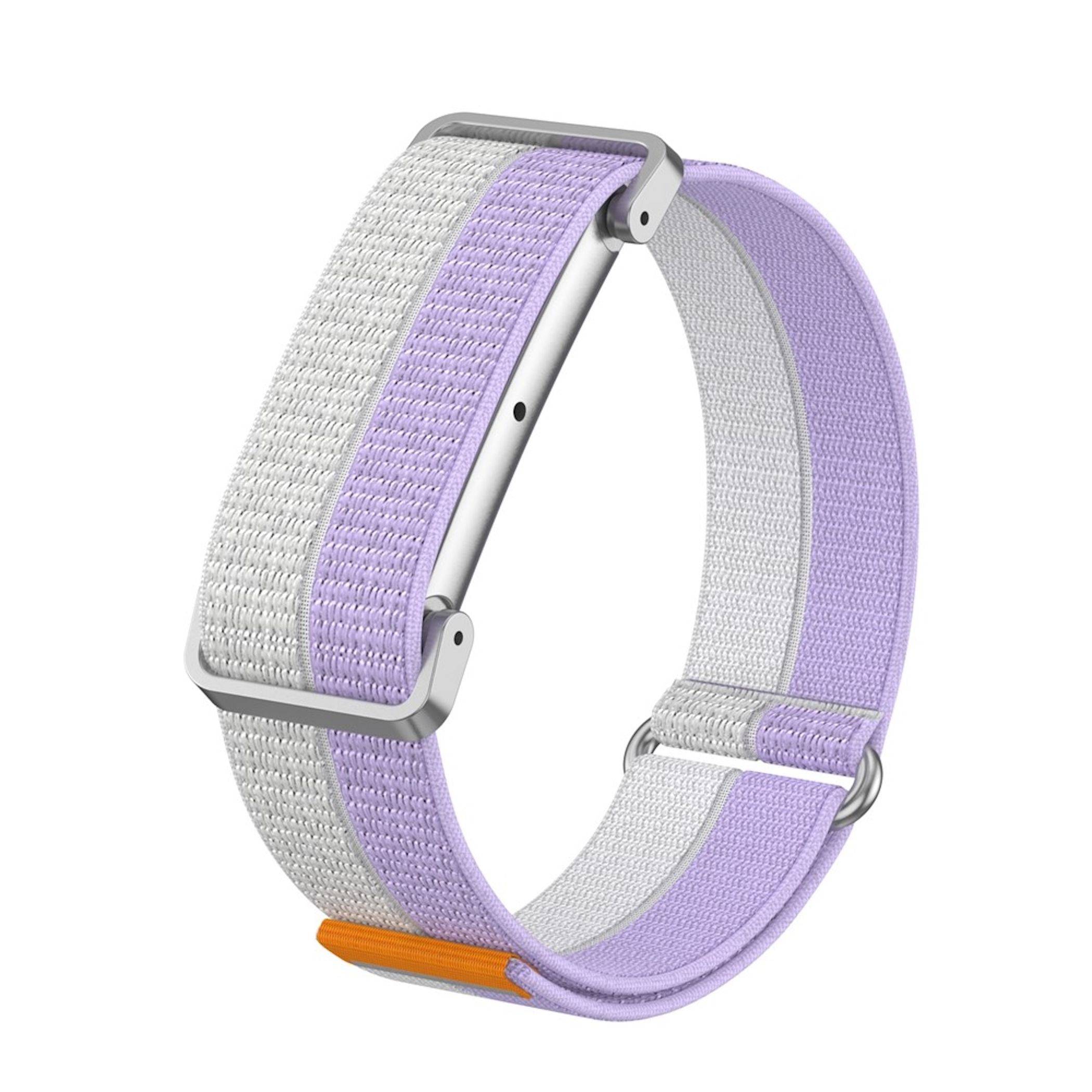 Lila und grau gewebtes Smartwatch-Armband mit silberner Schnalle und orangefarbenem Akzent, auf weißem Hintergrund abgebildet.