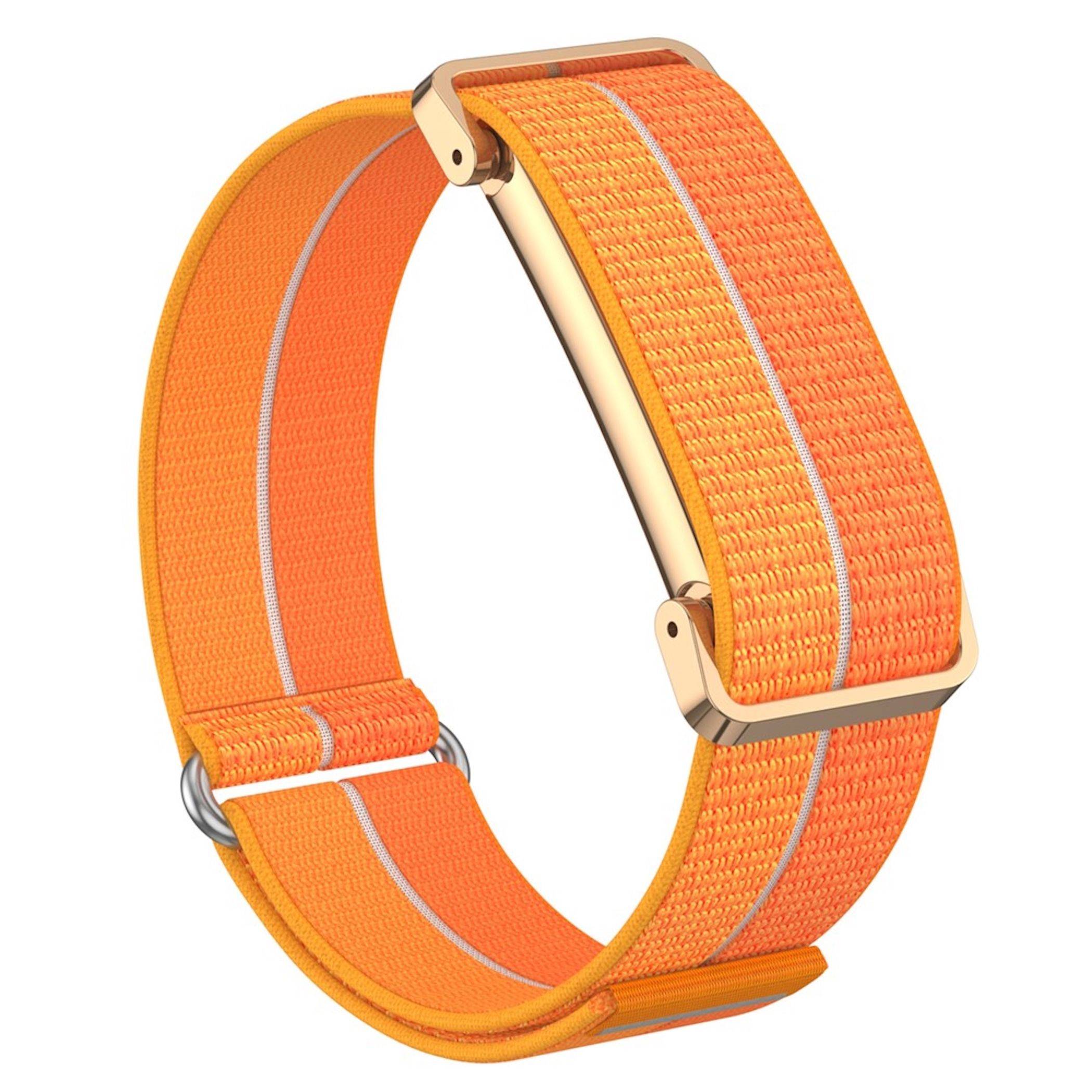 Orangefarbenes verstellbares Stoffarmband mit Metallverschluss, abgebildet auf weißem Hintergrund.