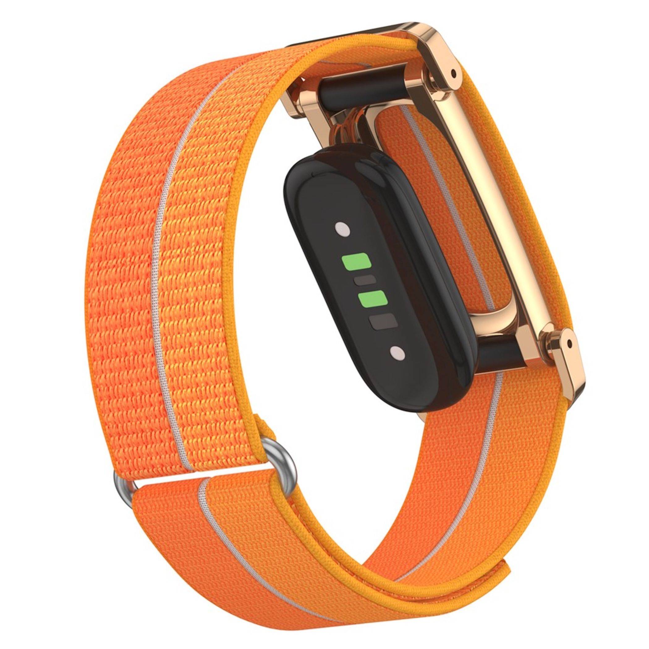 Orange-Fitness-Tracker-Armband mit schwarzem Aktivitätsmonitor und goldener Schließe auf weißem Hintergrund.