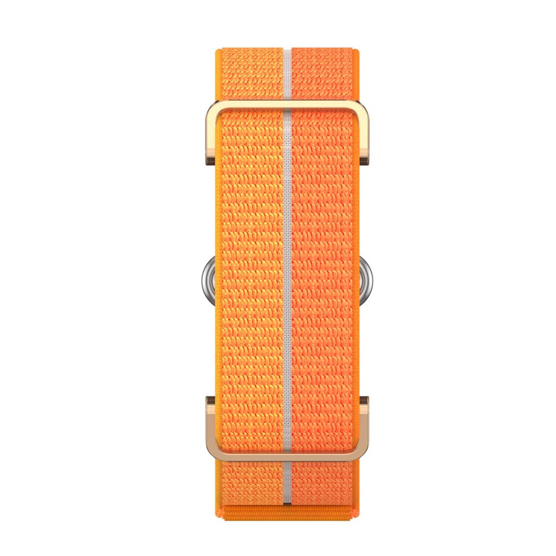 Oranges gewebtes Nylonband mit goldener Schnalle und Metallbeschlägen, zentriert auf weißem Hintergrund gezeigt.