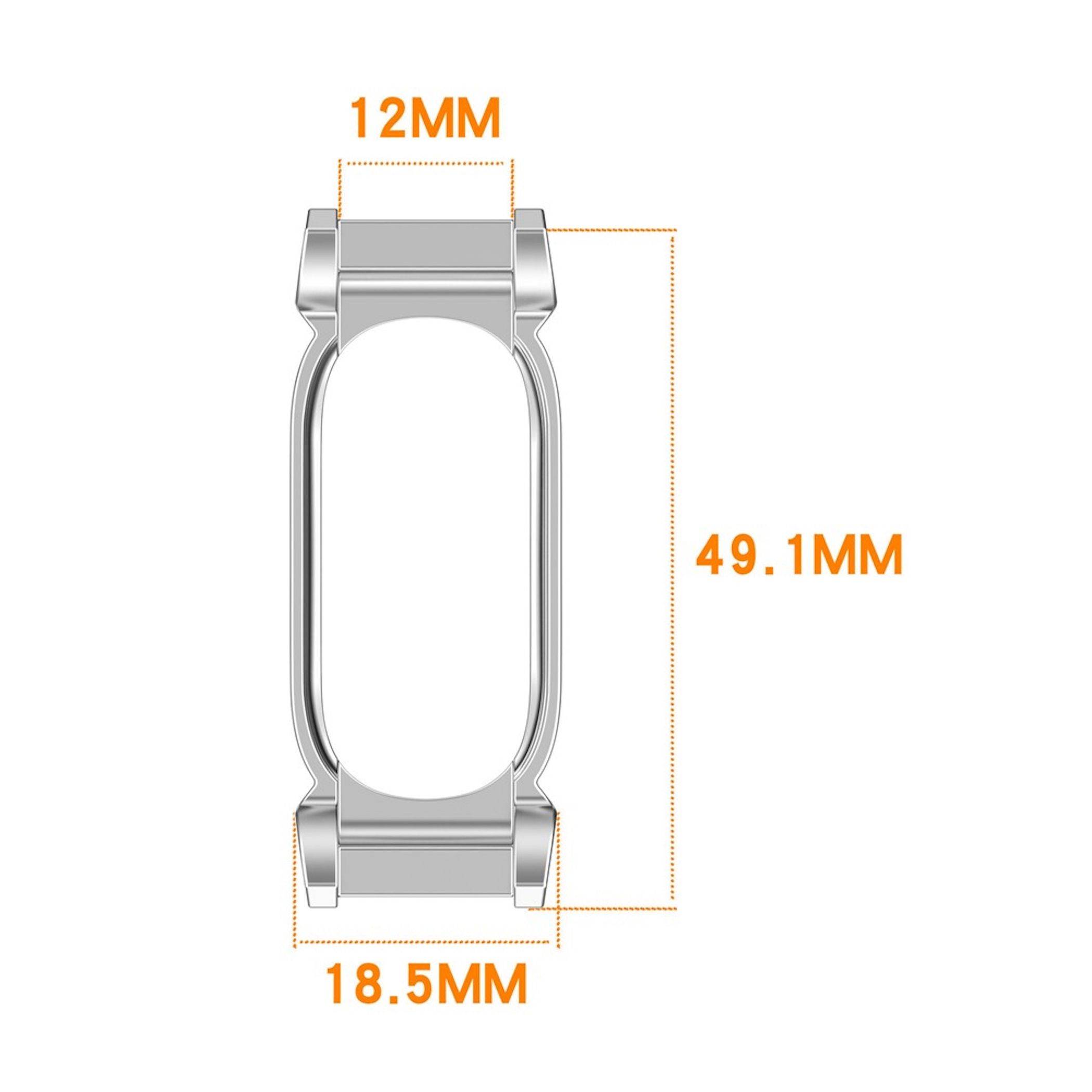 Silbermetall-Uhrenarmband-Glied mit Maßbezeichnungen: 12 MM breit, 49,1 MM hoch und 18,5 MM an der Basis.