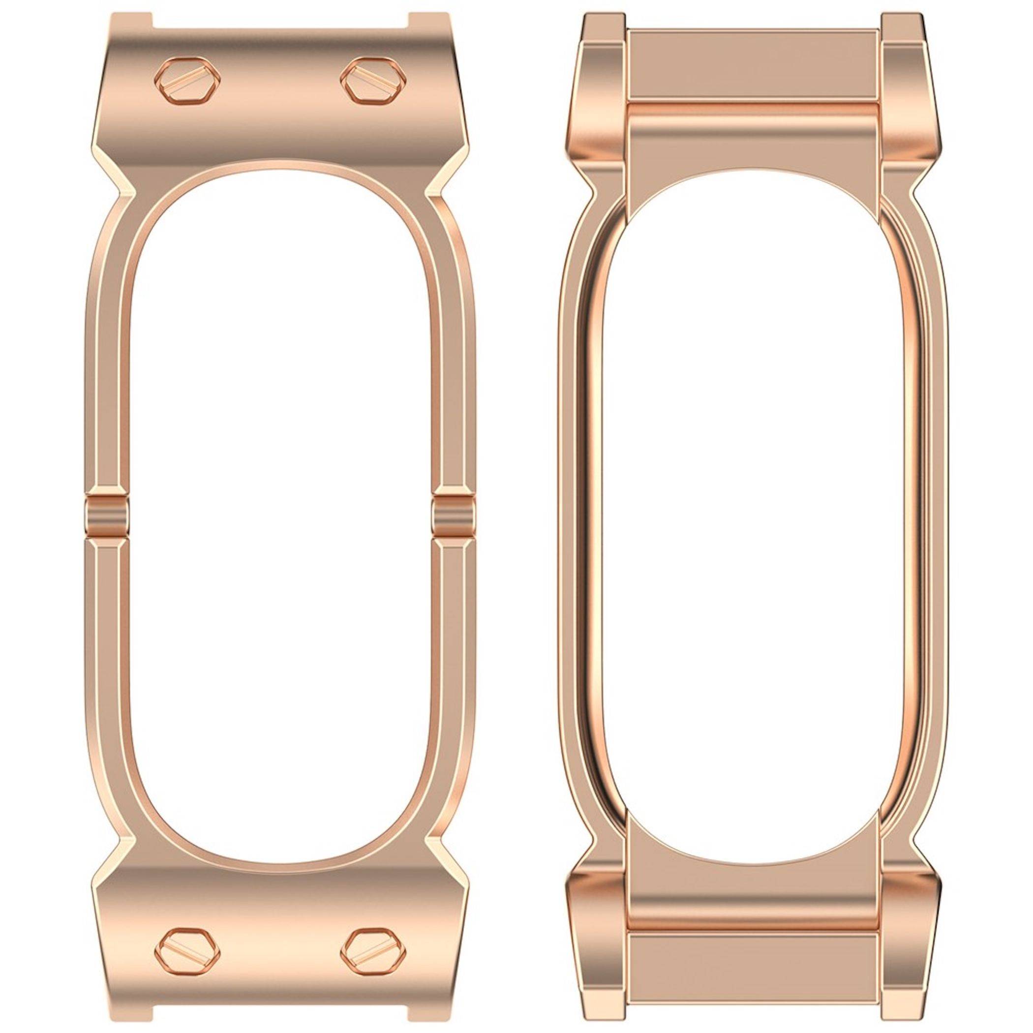 Zwei roségoldfarbene Metallgehäuserahmen einer Uhr nebeneinander dargestellt, Vorder- und Seitenansichten einer leeren ovalen Öffnung mit Befestigungsösen.