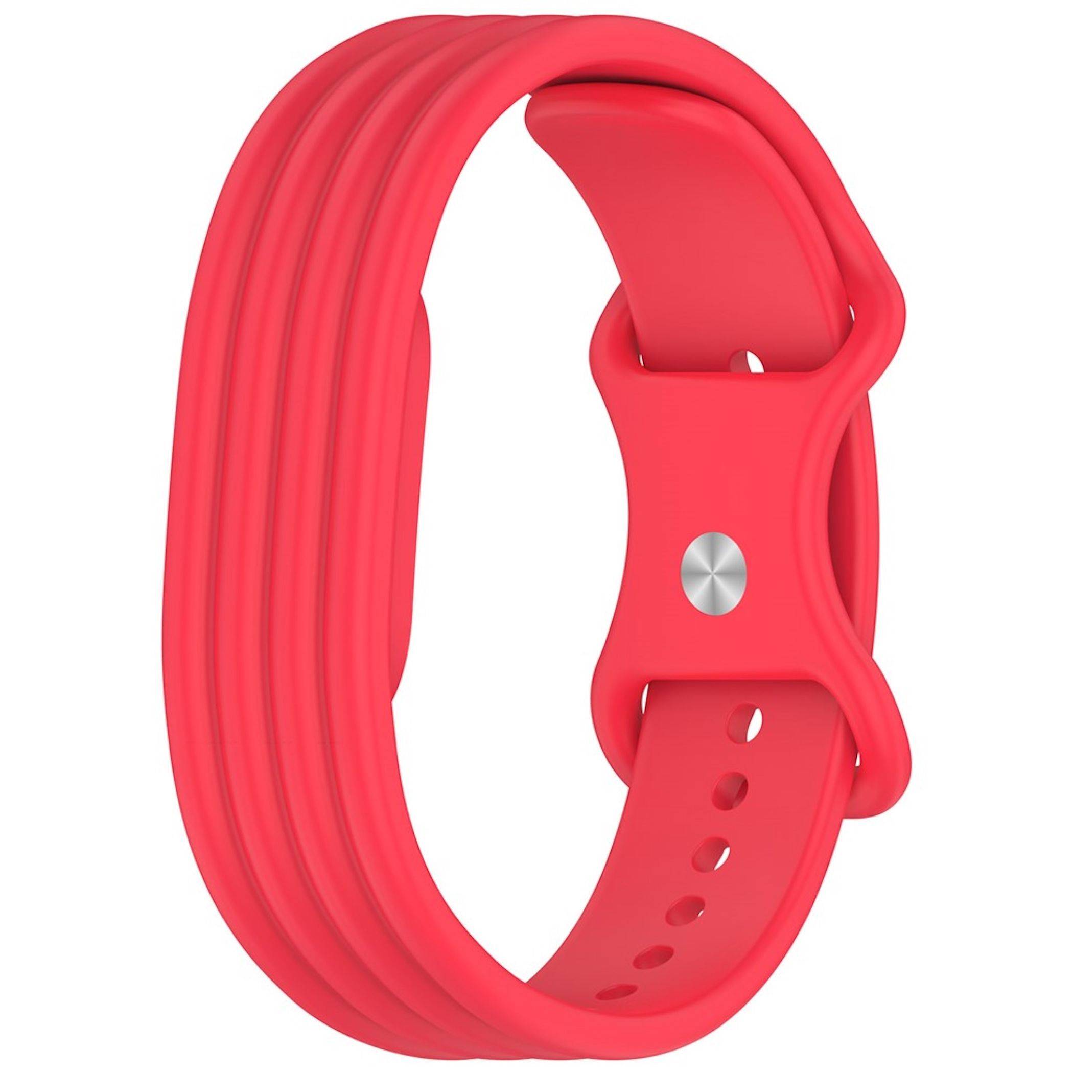 Rotes Silikon-Fitness-Tracker-Armband mit verstellbarem Verschluss und Druckknopfverschluss, isoliert auf weißem Hintergrund dargestellt.