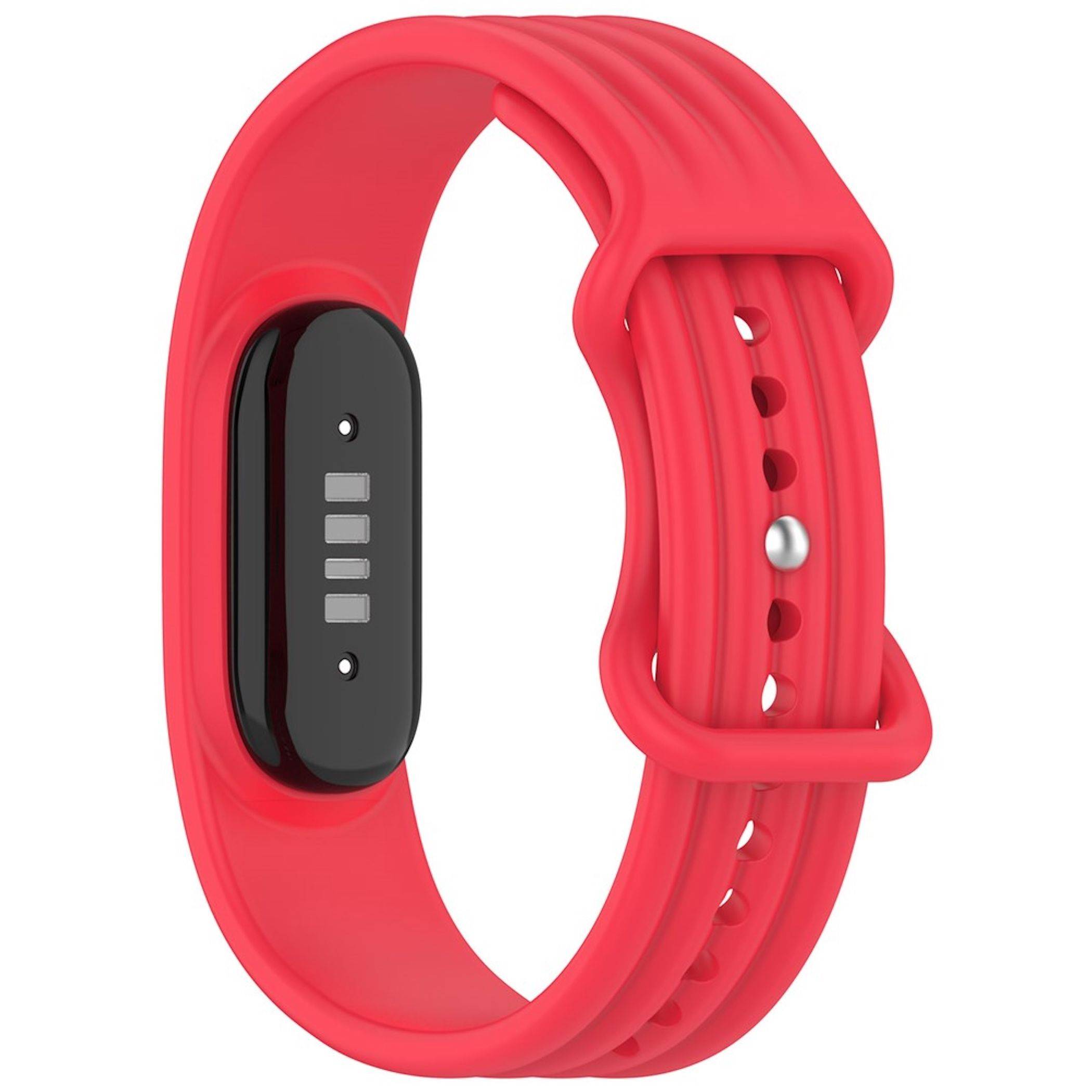 Roter Fitness-Tracker-Armband mit schwarzem Elektronikmodul und verstellbarer Schnalle auf weißem Hintergrund.