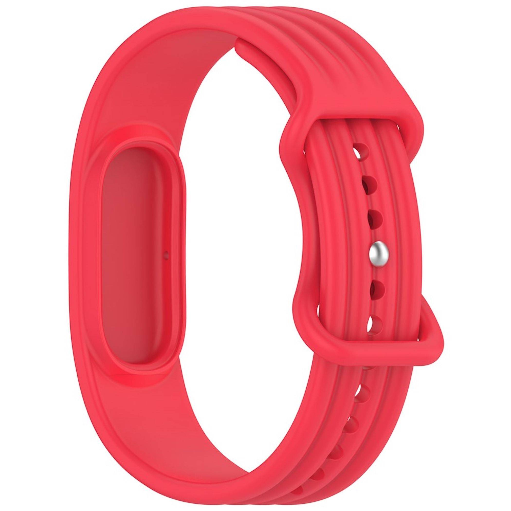 Rotes Fitness-Armband mit gekrümmtem Riemen und verstellbaren Löchern, isoliert auf weißem Hintergrund dargestellt.