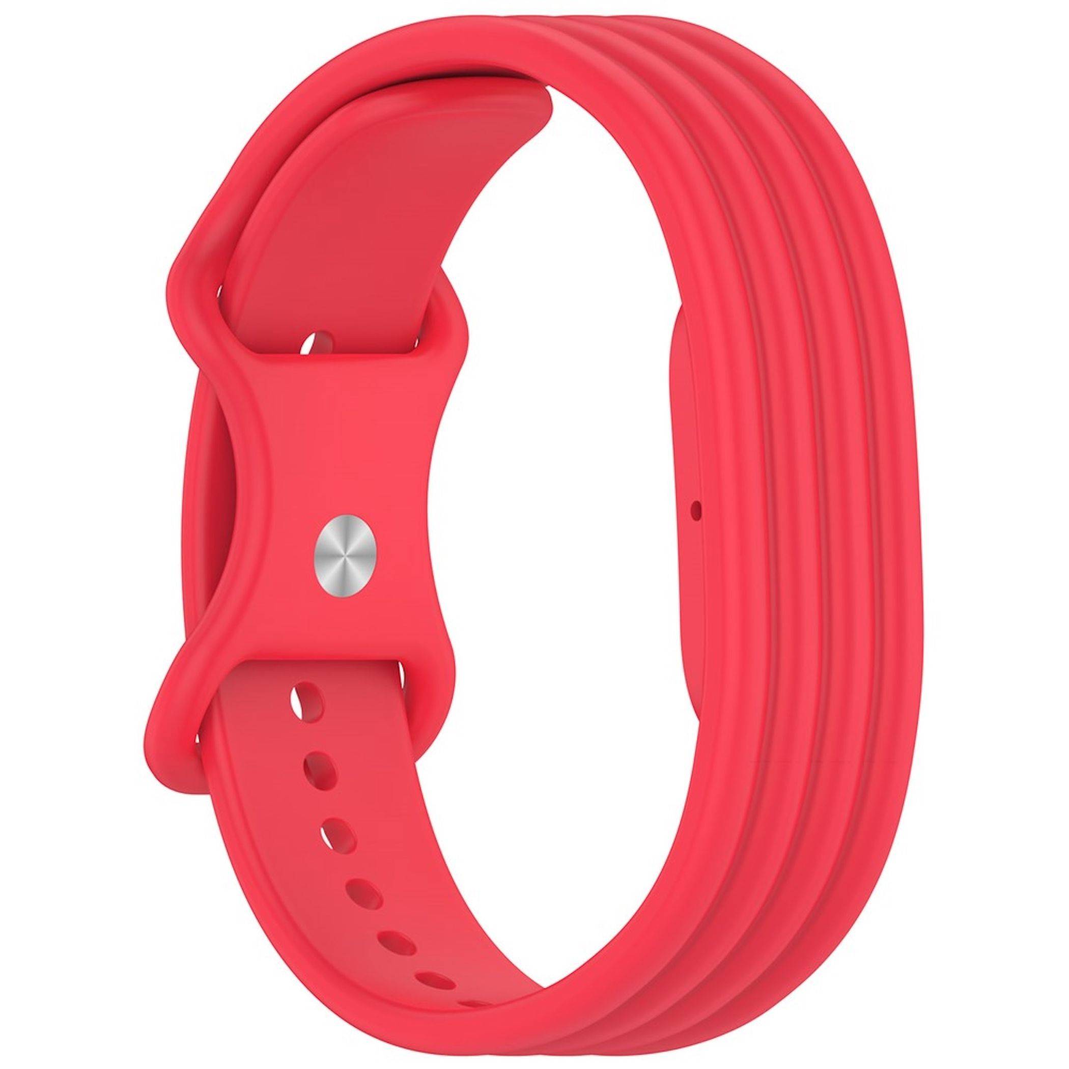 Rotes Silikon-Fitness-Tracker-Armband mit verstellbarer Schnalle und Metallverschluss auf weißem Hintergrund.