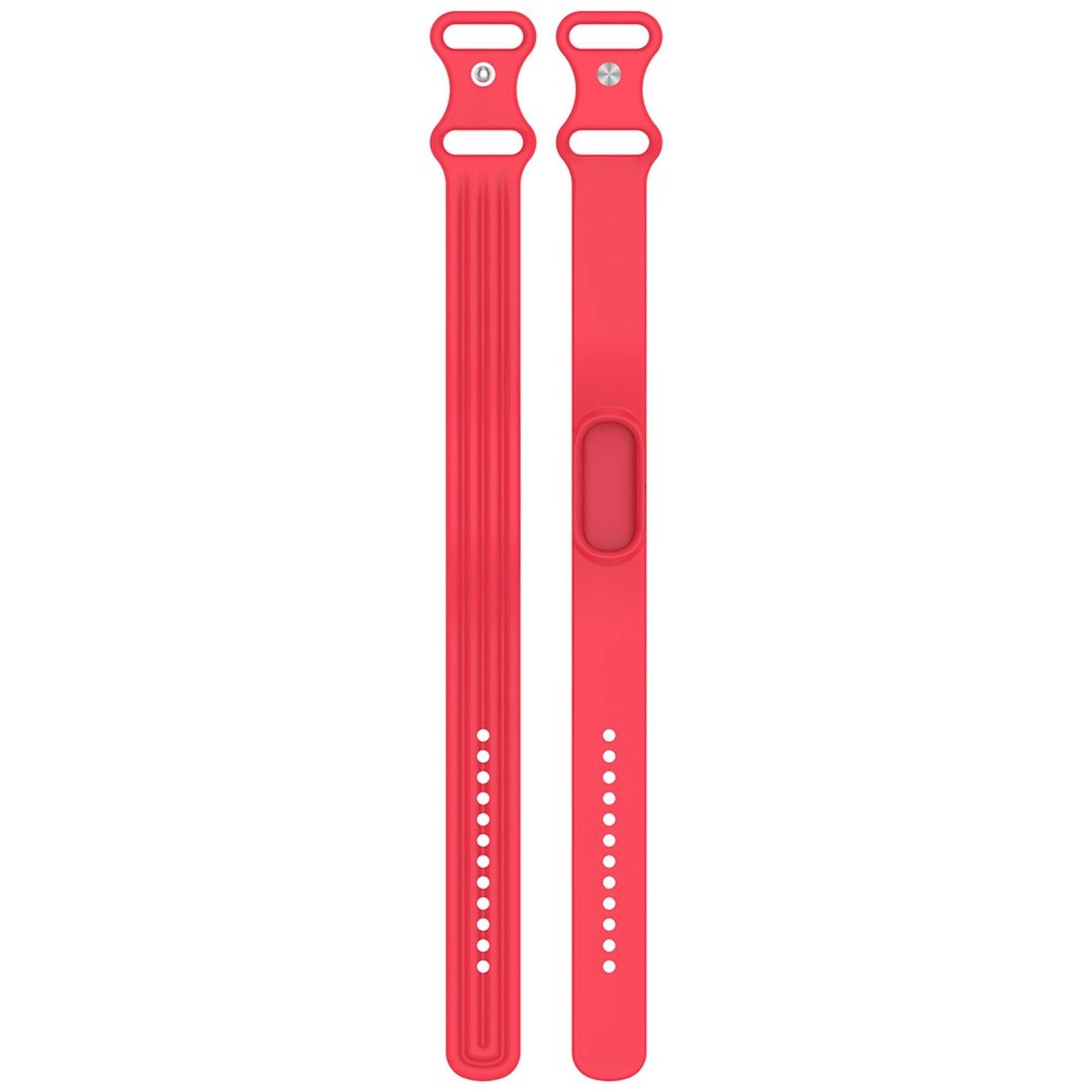 Paar rote Silikon-Armbänder nebeneinander dargestellt, eines mit Rippen und eines glatt mit Schnallenschlitz und Verstelllöchern.