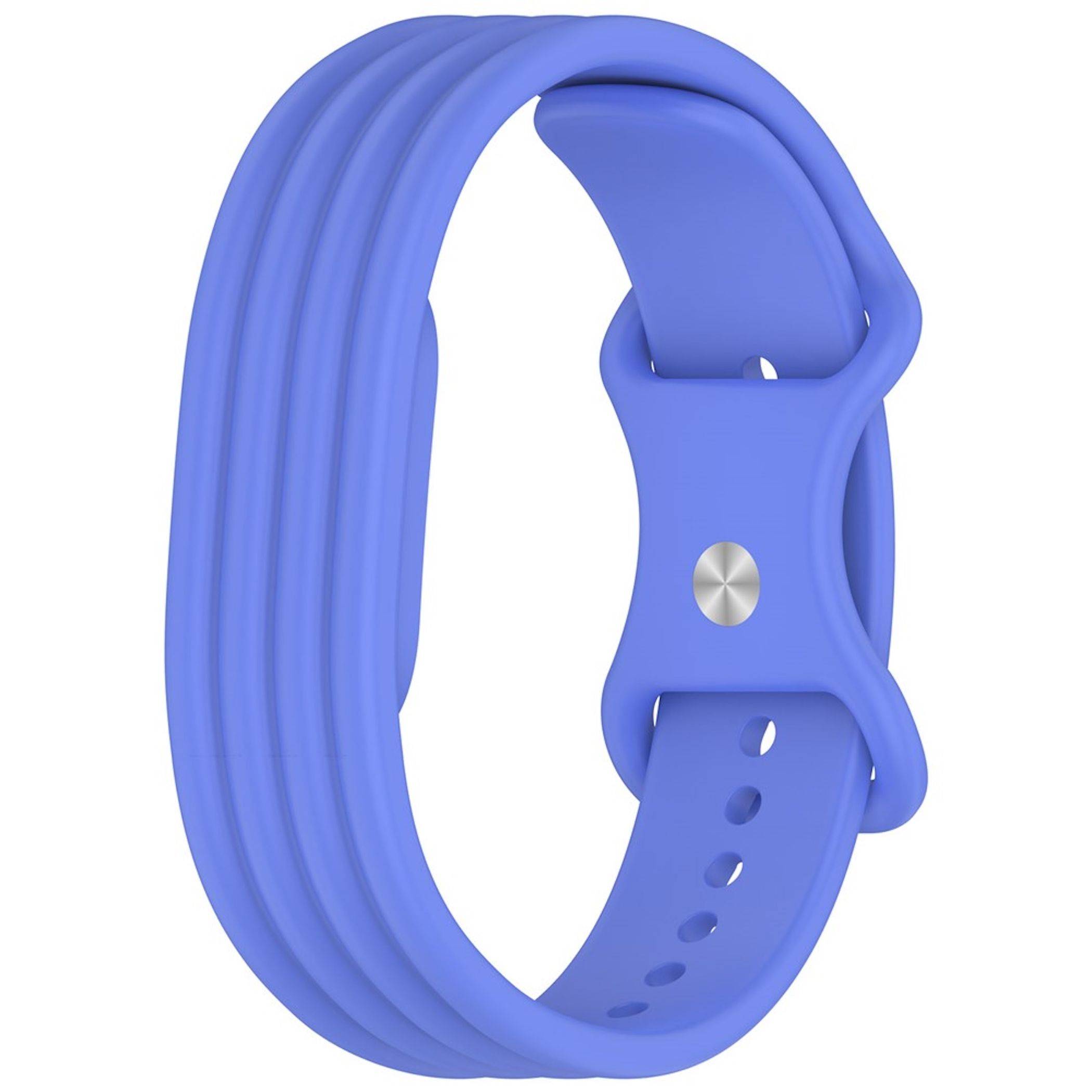 Blaues Silikon-Armband Fitness-Tracker mit verstellbarer Schnallenverschluss, gezeigt auf einfachem weißem Hintergrund.