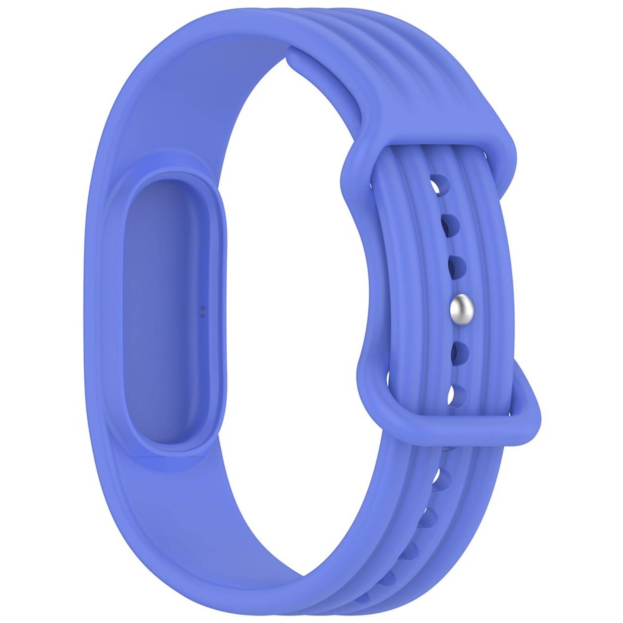 Blaues Silikon-Armband mit verstellbarem perforiertem Riemen und Metallstiftverschluss, gezeigt in einer produktstylisierten Ansicht auf weißem Hintergrund.