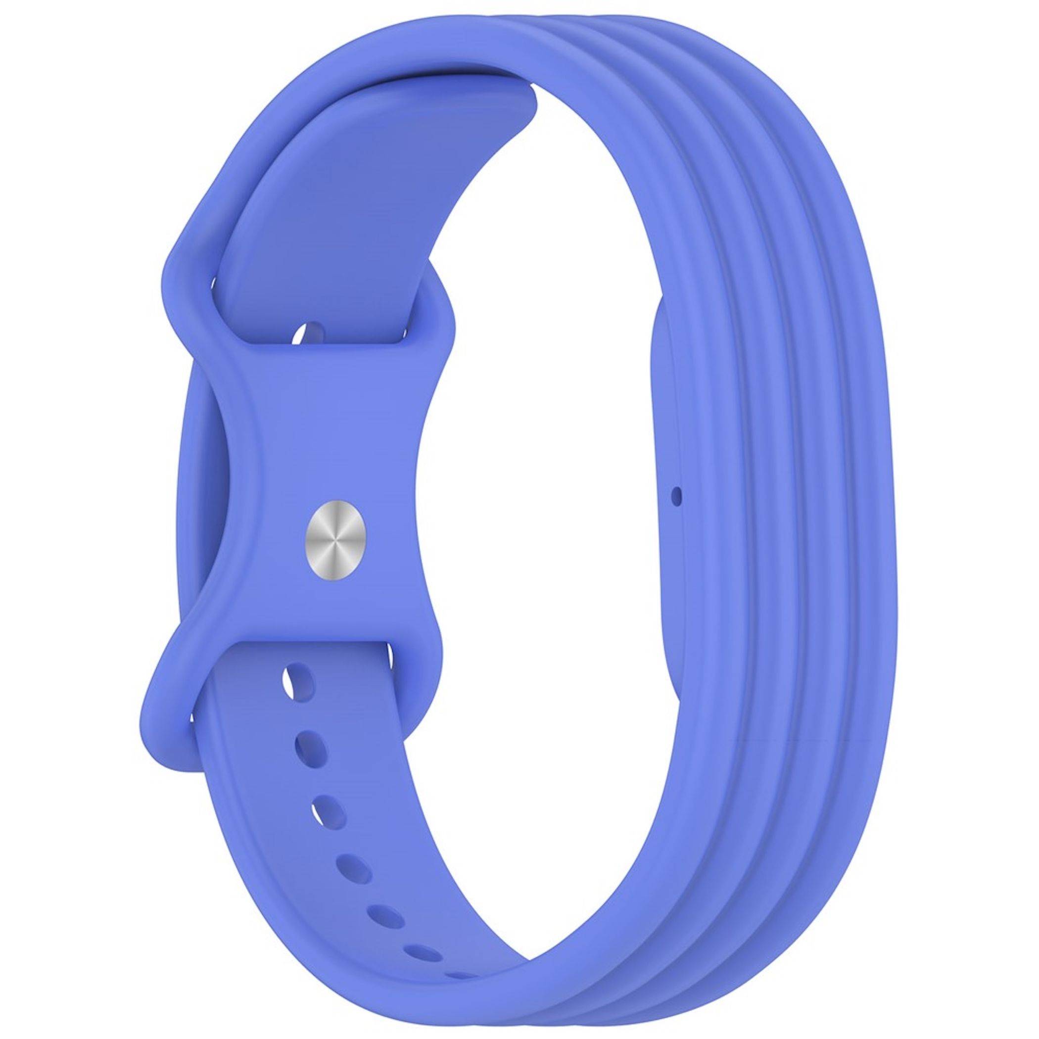 Blaues Silikon-Armband mit verstellbarer Schnalle und metallischer Druckknopfverschluss, isoliert auf weißem Hintergrund dargestellt.