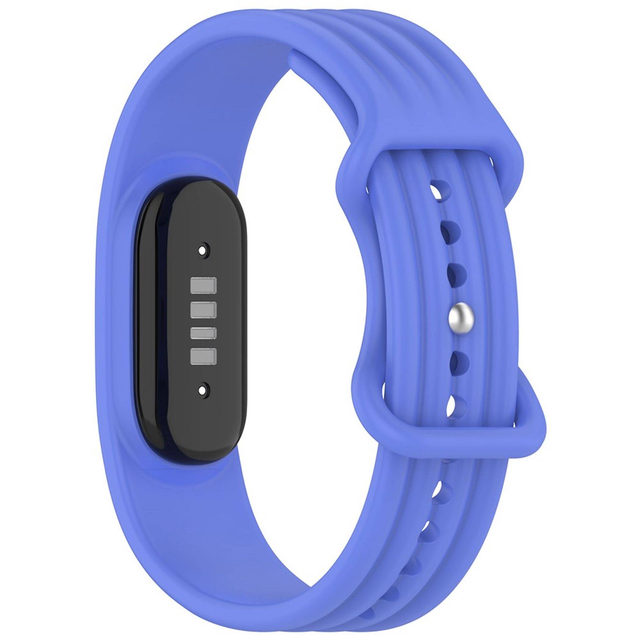Blauer Fitness-Tracker-Armband mit schwarzem Sensormodul und verstellbarer Schnalle auf weißem Hintergrund.