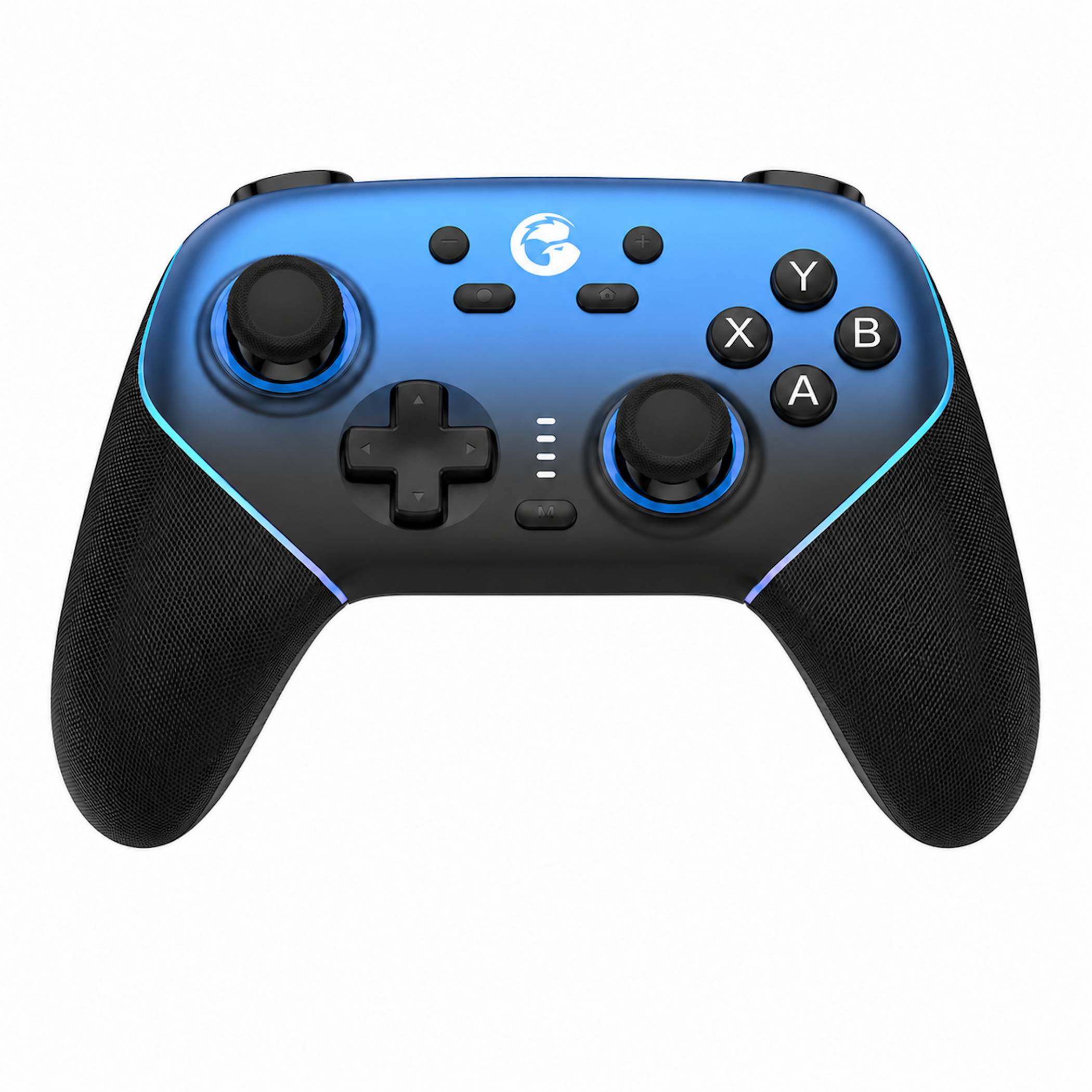 Blauer und schwarzer kabelloses Spiele-Controller mit dualen analogen Sticks, D-Pad und ABXY-Tasten auf weißem Hintergrund.