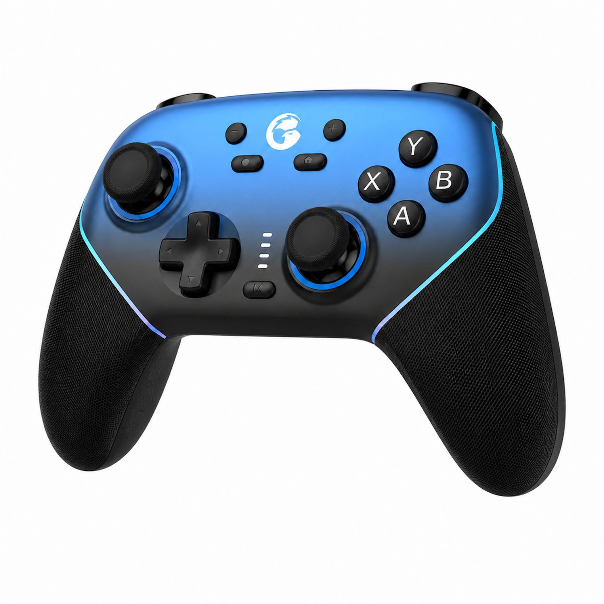 Schwarzer und blauer kabelloses Spielcontroller mit doppelten analogen Sticks, D-Pad und beschrifteten A/B/X/Y-Tasten auf weißem Hintergrund.