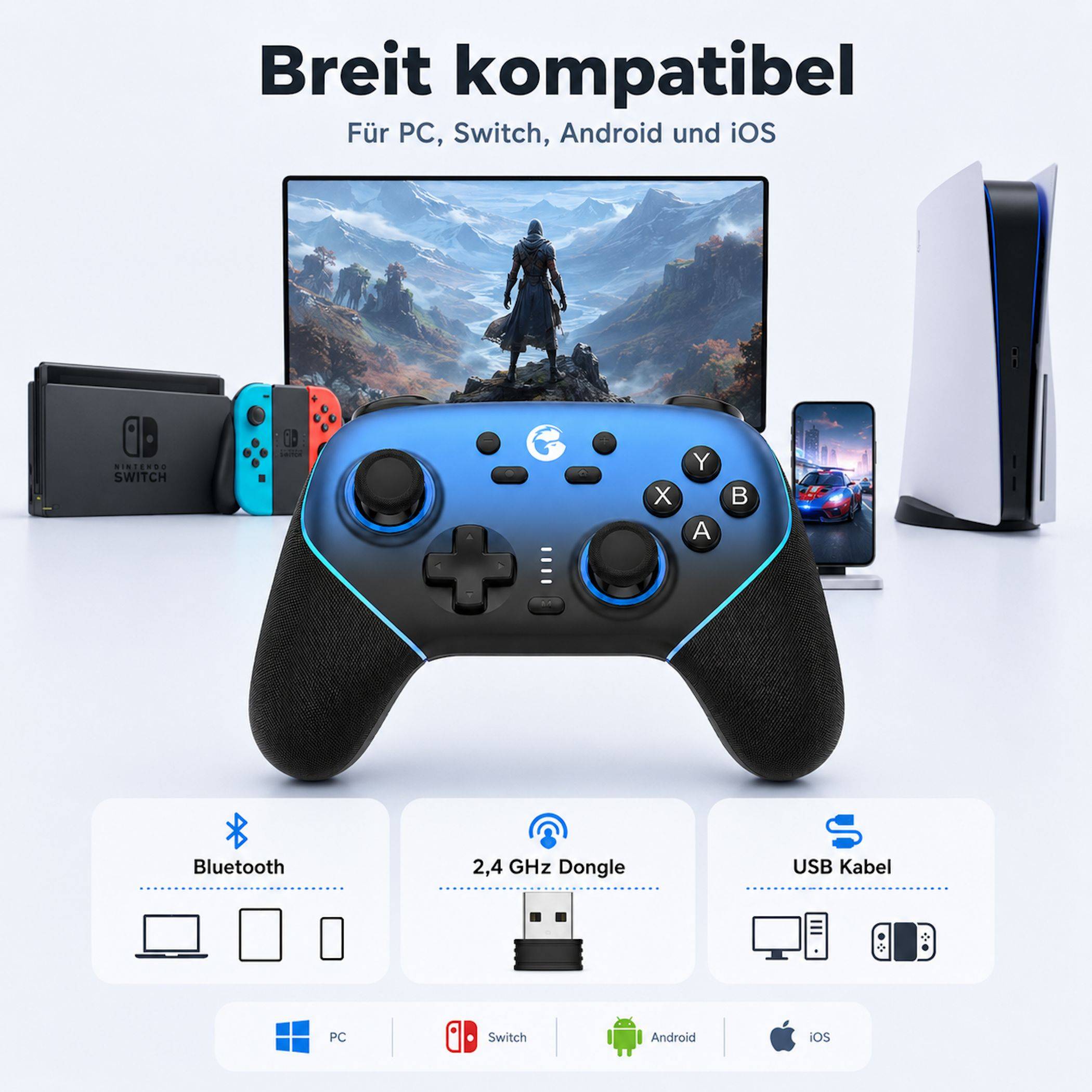 Gaming-Controller mit breiter Kompatibilität für PC, Switch, Android und iOS, verbunden über Bluetooth, 2,4-GHz-Dongle oder USB-Kabel.
