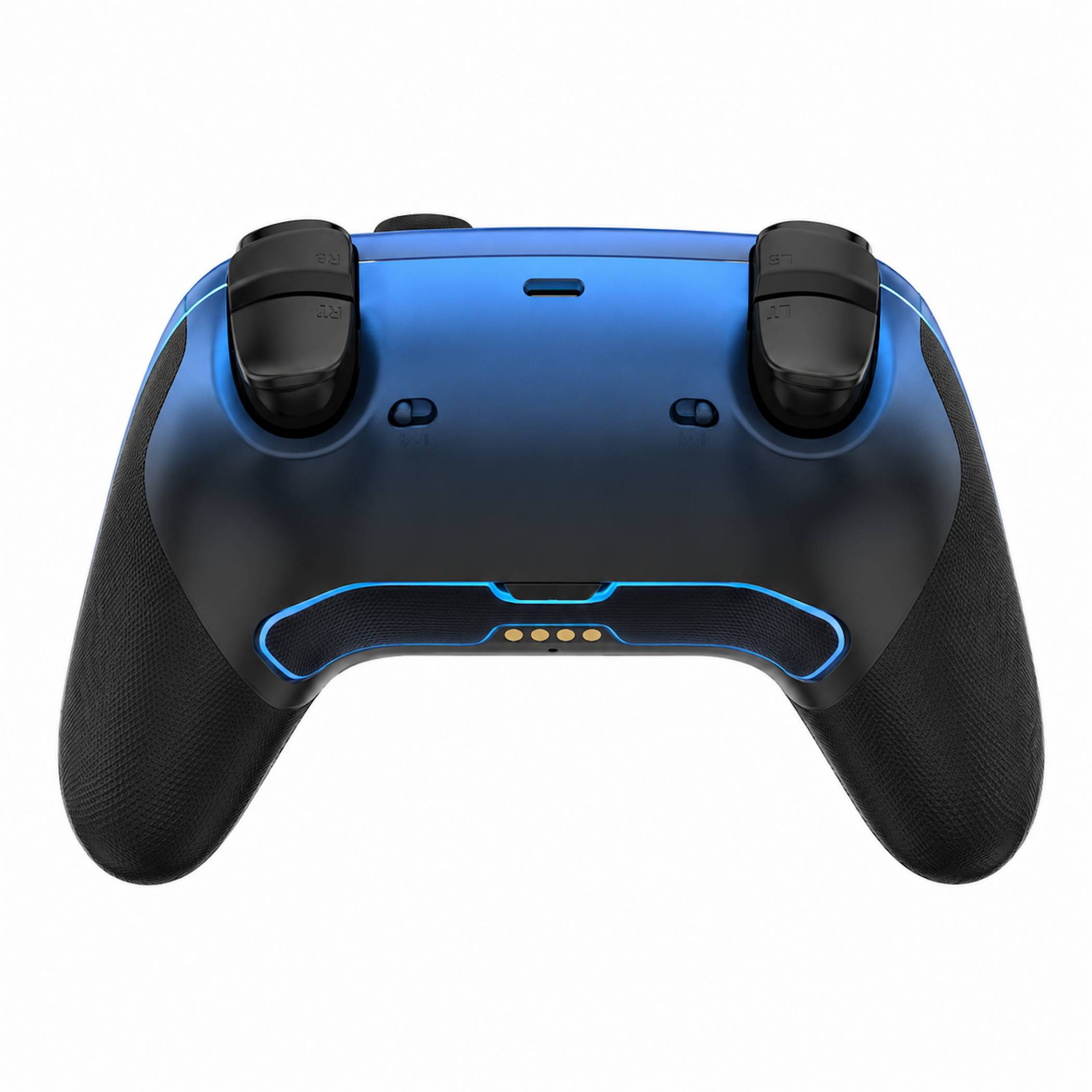 Blauschwarzer Gamecontroller mit strukturierten Griffen und hinteren Paddle-Tasten, gezeigt auf einfachem weißem Hintergrund.