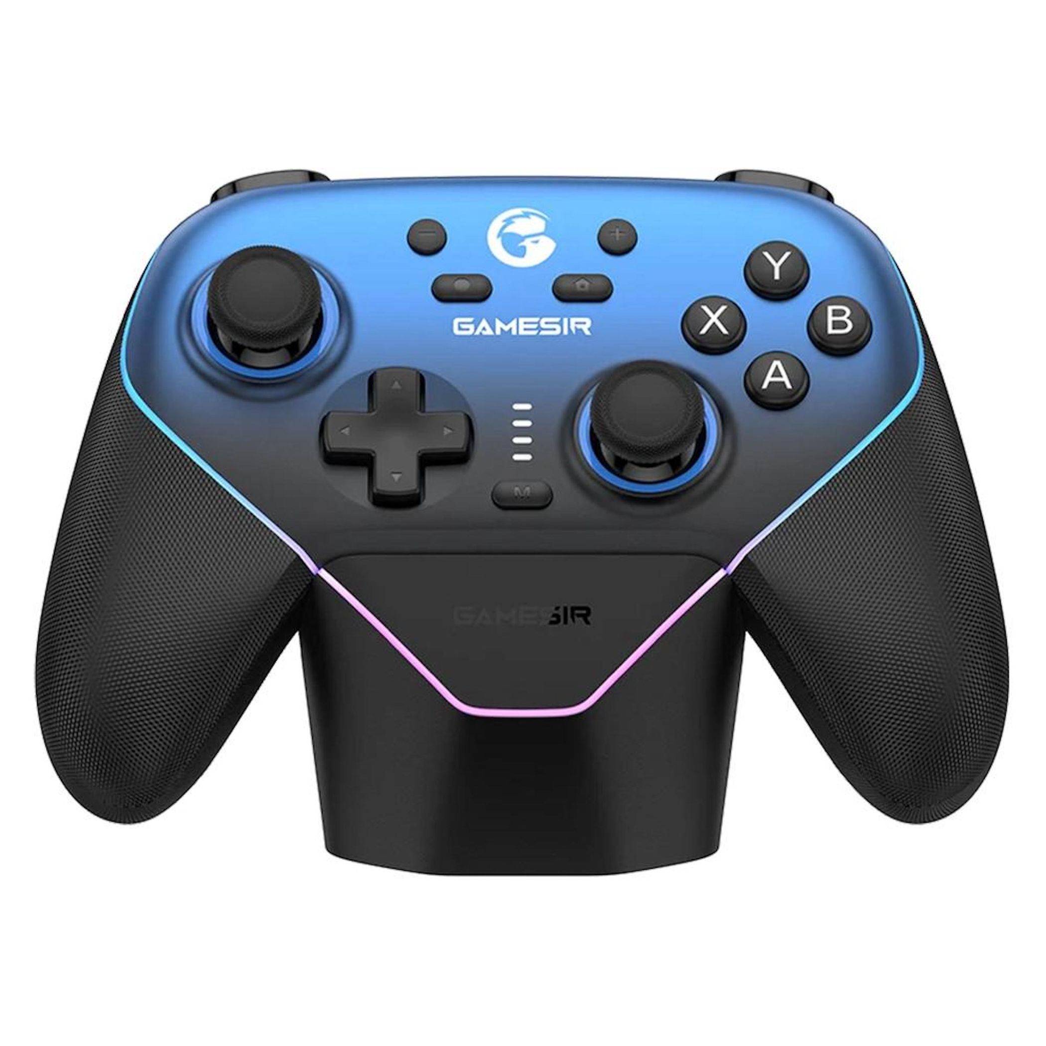 Blauer und schwarzer kabelloses Spiele-Controller mit Dual-Analog-Sticks, D-Pad, ABXY-Tasten und Ladestation auf weißem Hintergrund.