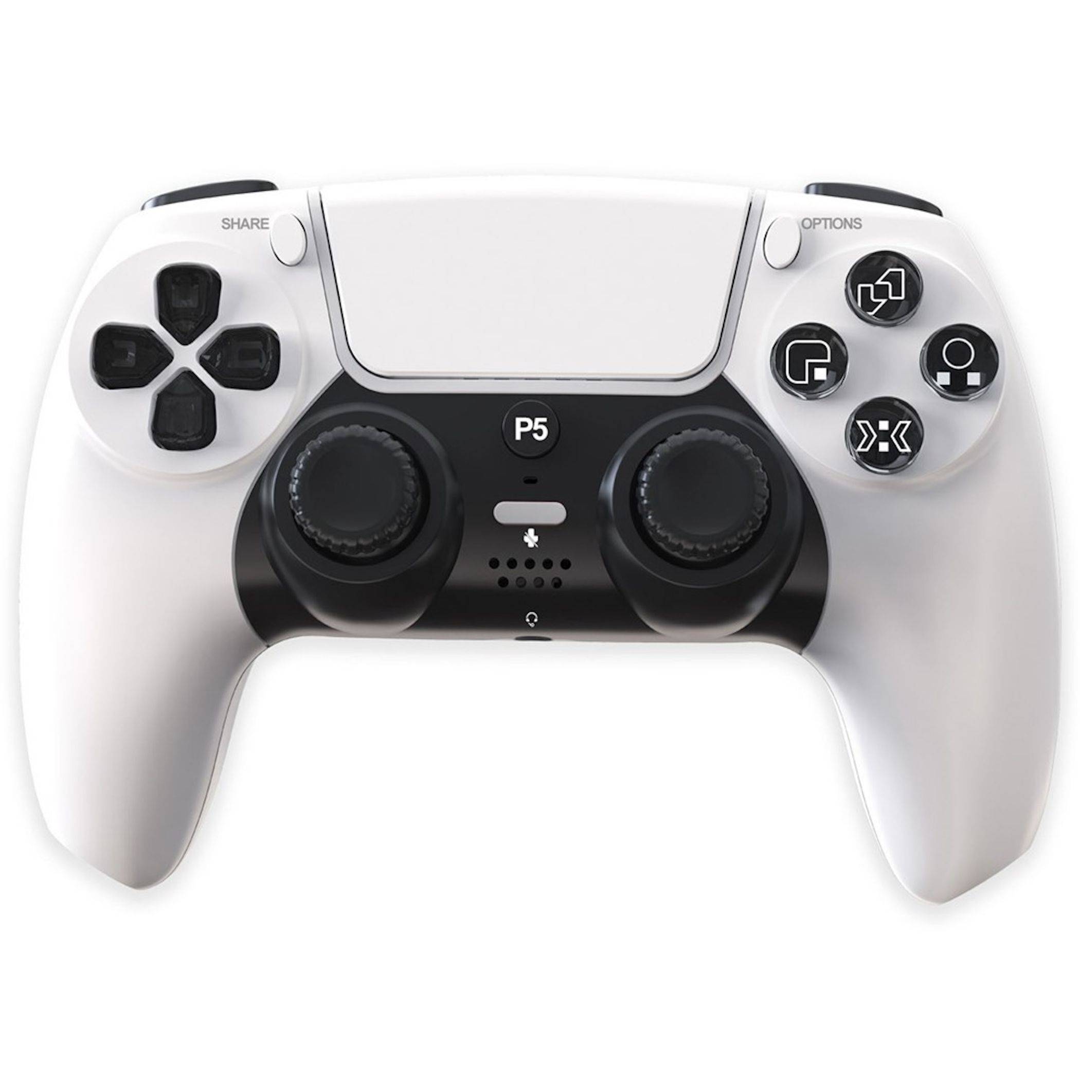 Weißer PlayStation-ähnlicher Spielecontroller mit schwarzem Mittelpanel, doppelten analogen Sticks, D-Pad, Gesichtsbuttons und 