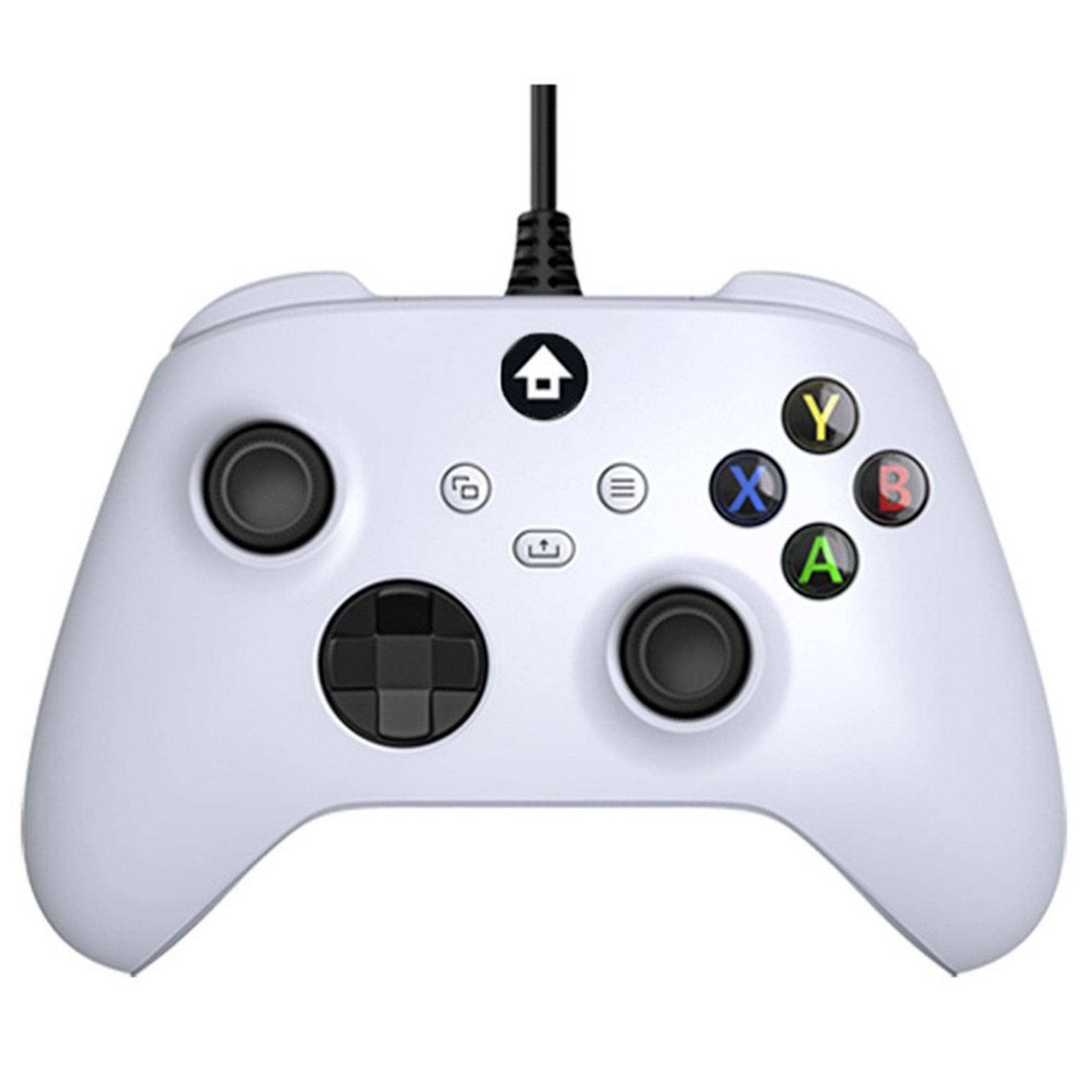 Weißer kabelgebundener Spielecontroller mit zwei analogen Sticks, D-Pad, Home- und Menü-Tasten sowie farbigen A-, B-, X- und Y-Aktionstschaltflächen.