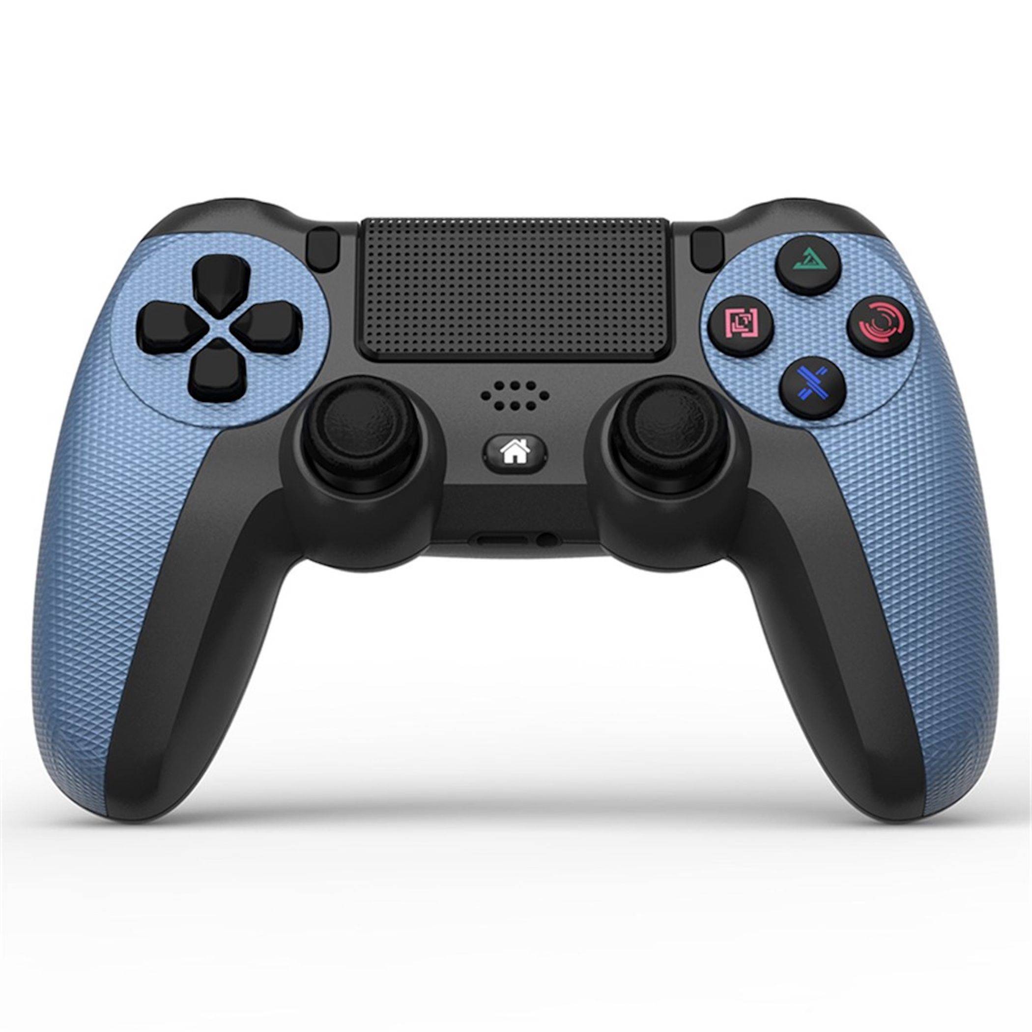 Blauer und schwarzer PlayStation-ähnlicher Gamecontroller mit dualen Analog-Sticks, D-Pad, Aktionstasten und Touchpad auf weißem Hintergrund.