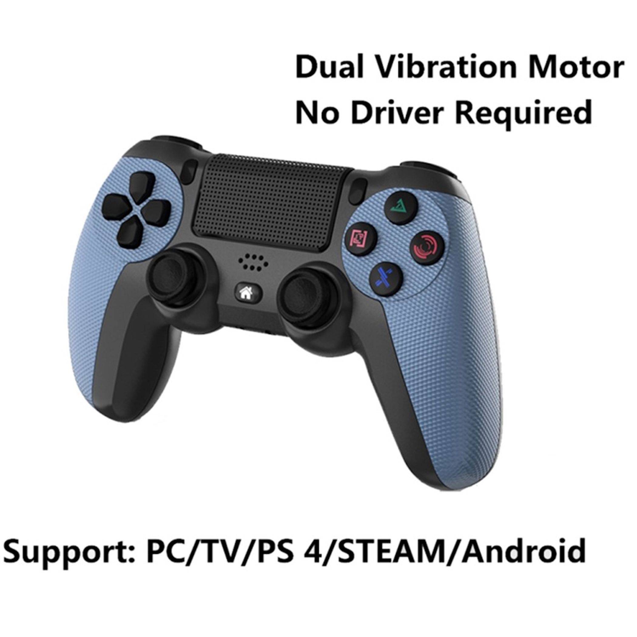 Blauer und schwarzer Spielecontroller mit Text „Dual Vibration Motor Kein Treiber erforderlich" und „Unterstützung: PC/TV/PS 4/STEAM/Android"