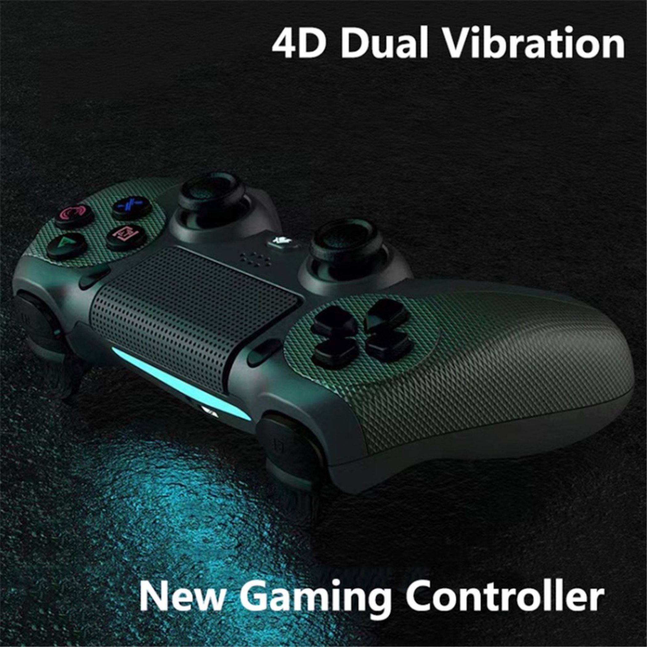Gaming-Controller-Produktbild mit dem Text "4D Dual Vibration"" und ""Neuer Gaming-Controller"" auf dunklem Hintergrund.