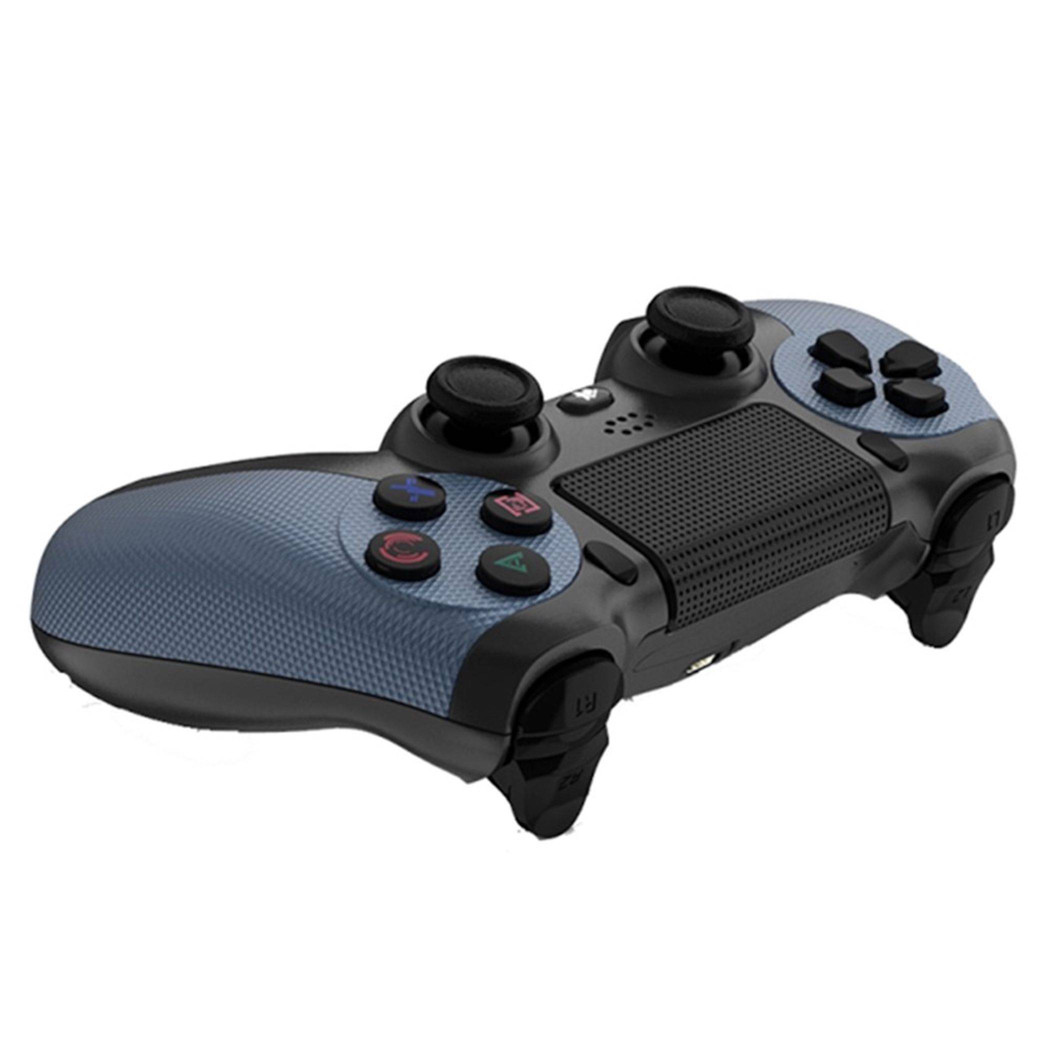 Schwarzer und blauer Gamecontroller mit zwei Analog-Sticks, Steuerkreuz, vier Actionsbuttons und strukturiertem Griff auf weißem Hintergrund.