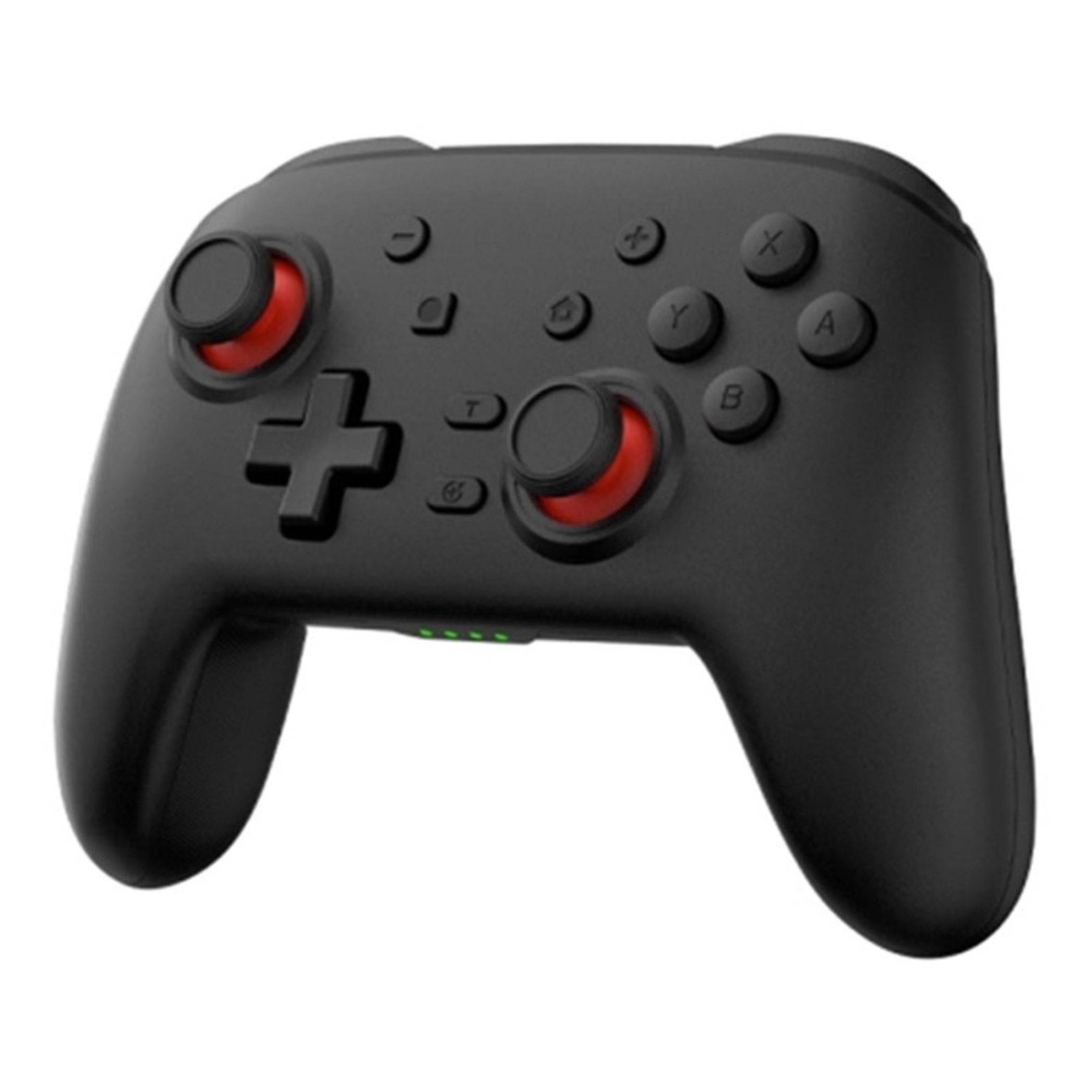 Kabelloser schwarzer Spiele-Controller mit zwei roten analogen Sticks, D-Pad und A/B/X/Y-Tasten auf weißem Hintergrund
