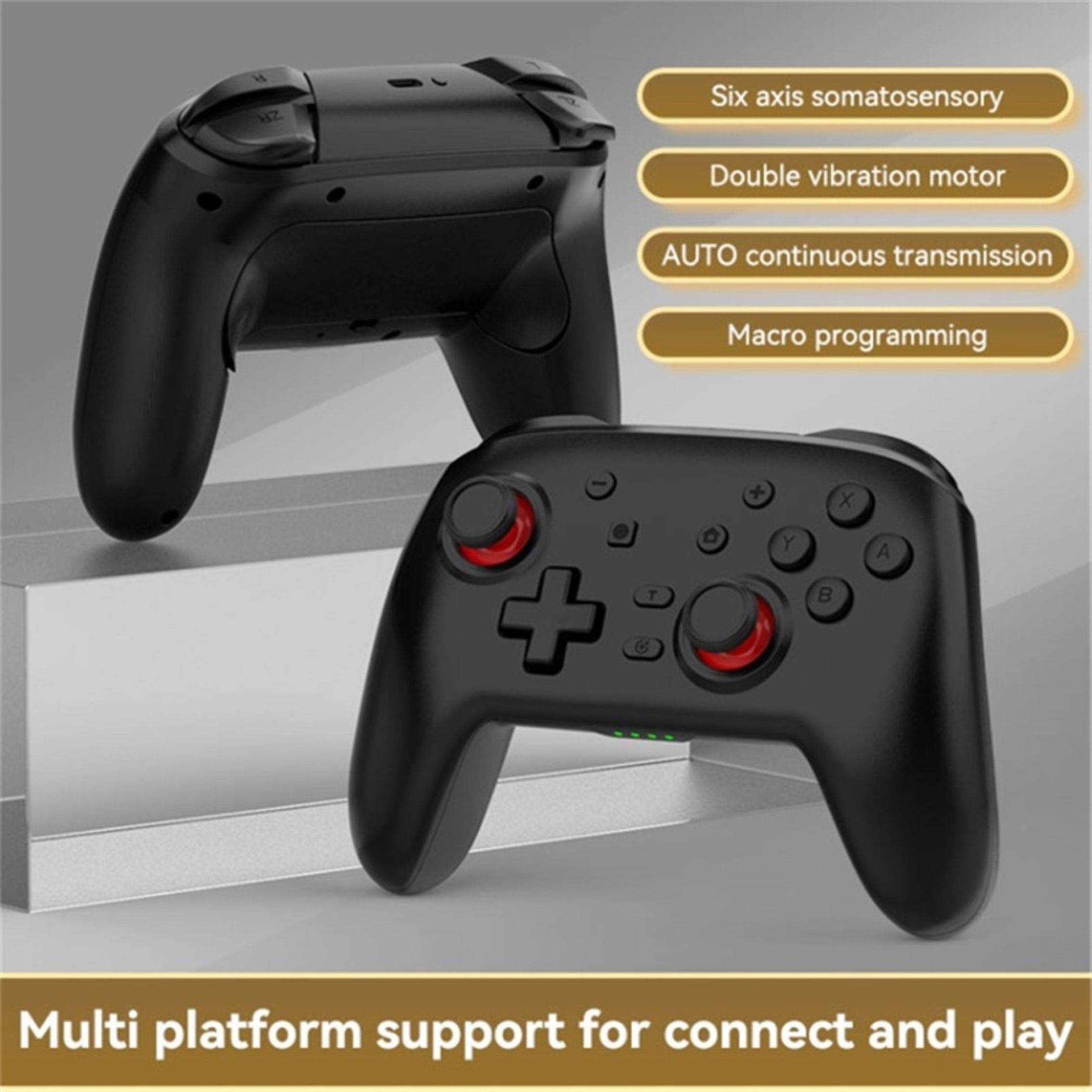 Schwarzer kabelloser Gamecontroller, von vorne und hinten gezeigt, mit Text, der sechs-Achsen-Bewegungserkennung, Doppelvibration, automatische Übertragung, Makroprogrammierung und Multi-Plattform-Unterstützung hervorhebt.