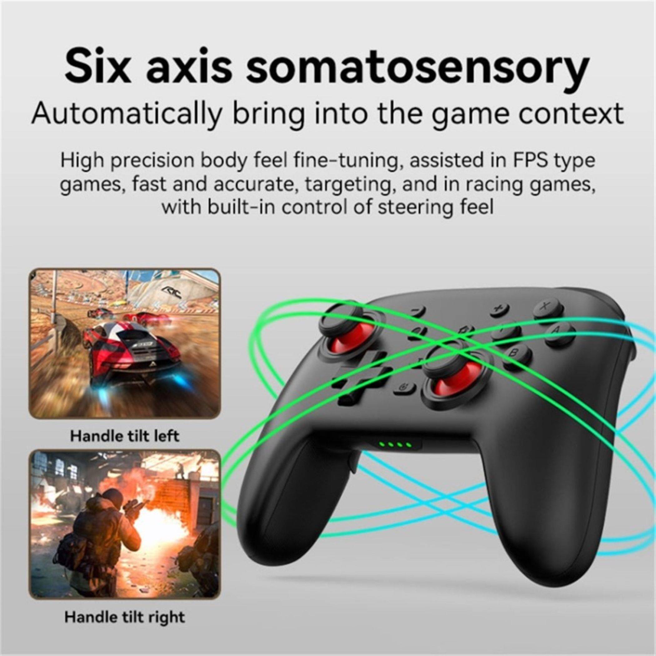 Werbegrafik eines Spielcontrollers mit der Bezeichnung „Sechs-Achsen-Somatosensorik", die Bewegungslinien und zwei Beispielspielszenen für die Neigung des linken und rechten Griffs zeigt.