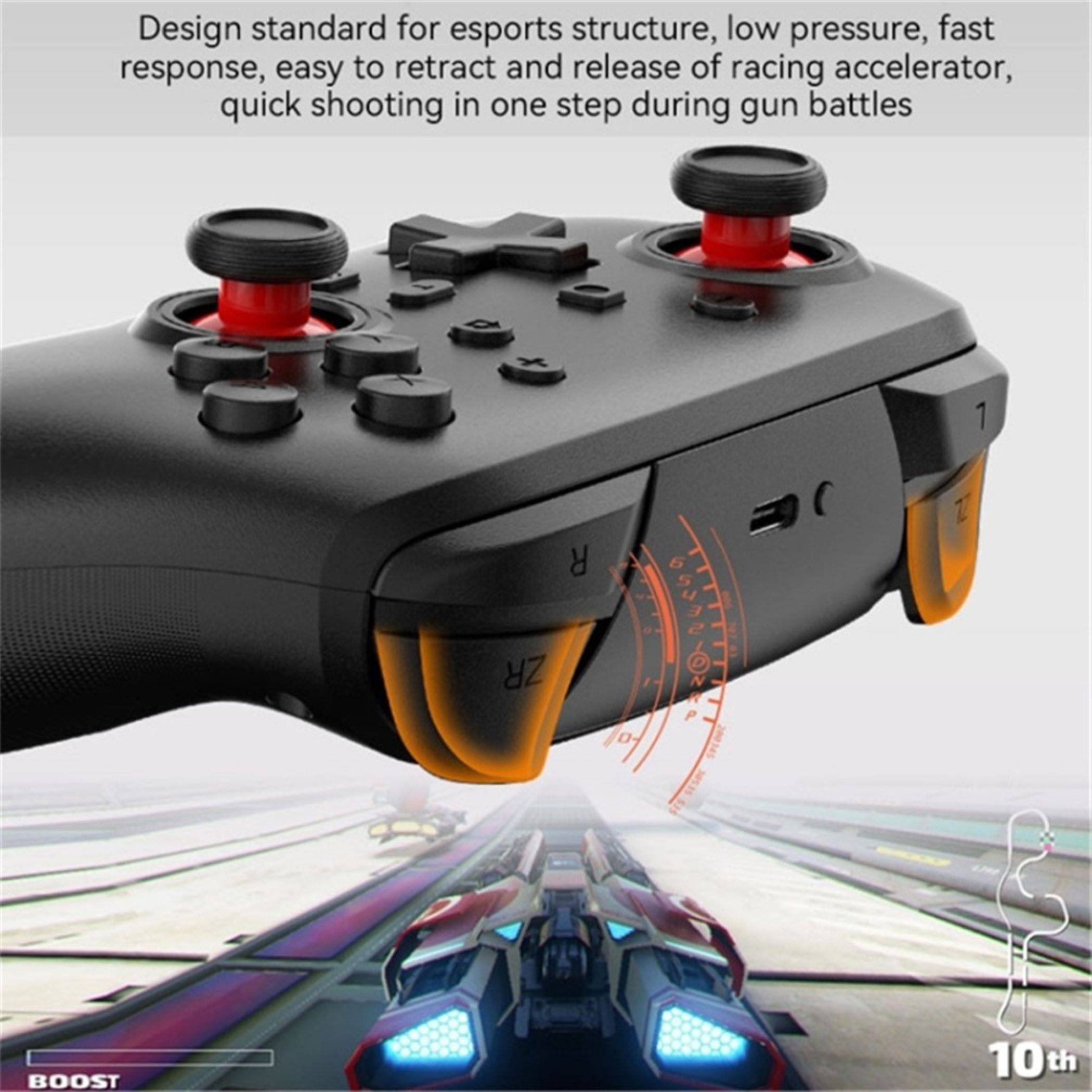 Werbebild eines Spiel-Controllers mit abnehmbaren Joysticks und orangefarbenen Triggern, überlagert auf einem Rennspiel-Bildschirm, der stromsparende Esports-Steuerungen hervorhebt.
