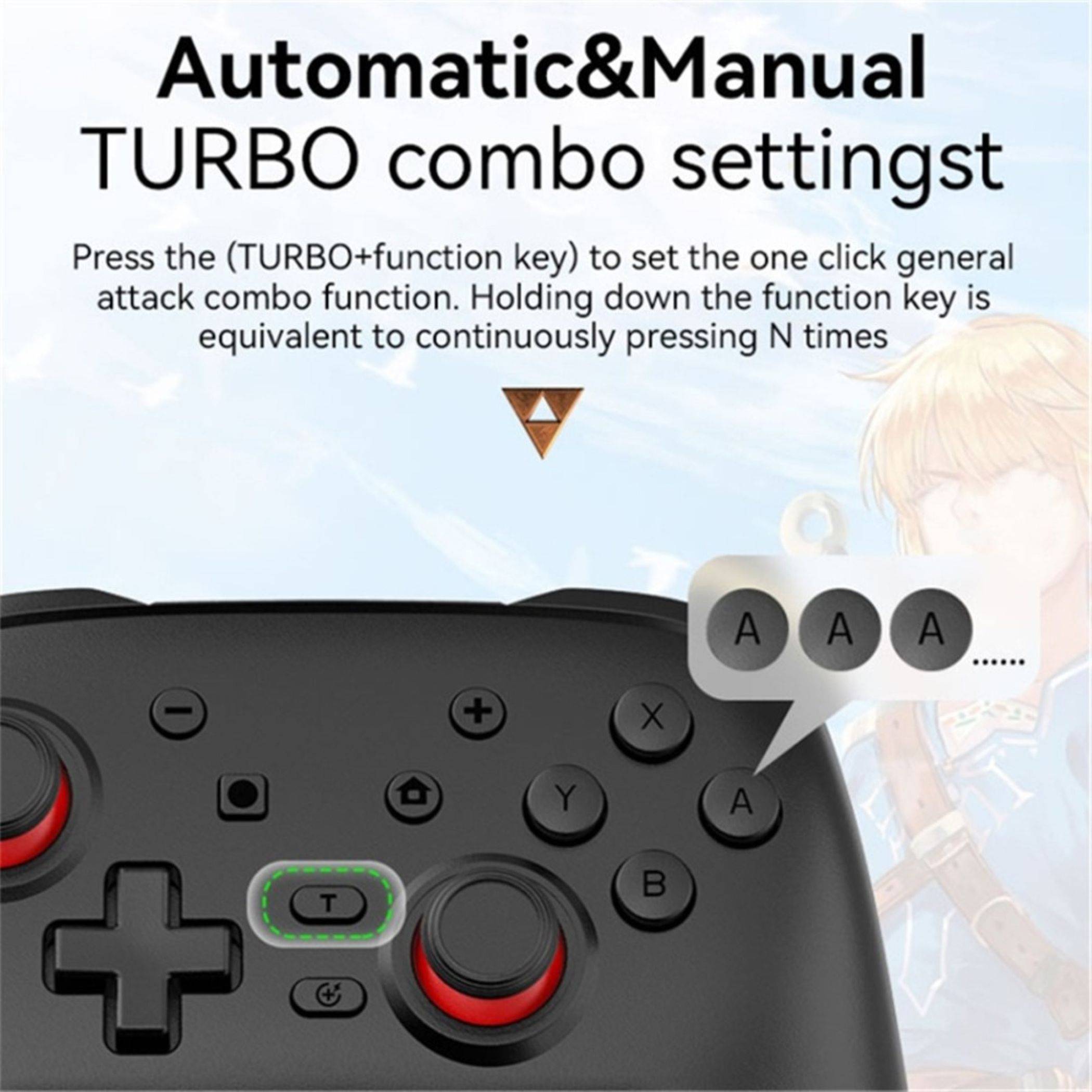 Anleitung mit grafischer Darstellung eines Spielcontrollers mit hervorgehobenen TURBO- und Funktionstaster, die automatische und manuelle Turbo-Kombinationseinstellungen sowie Angriffe mit einem Klick erklärt.