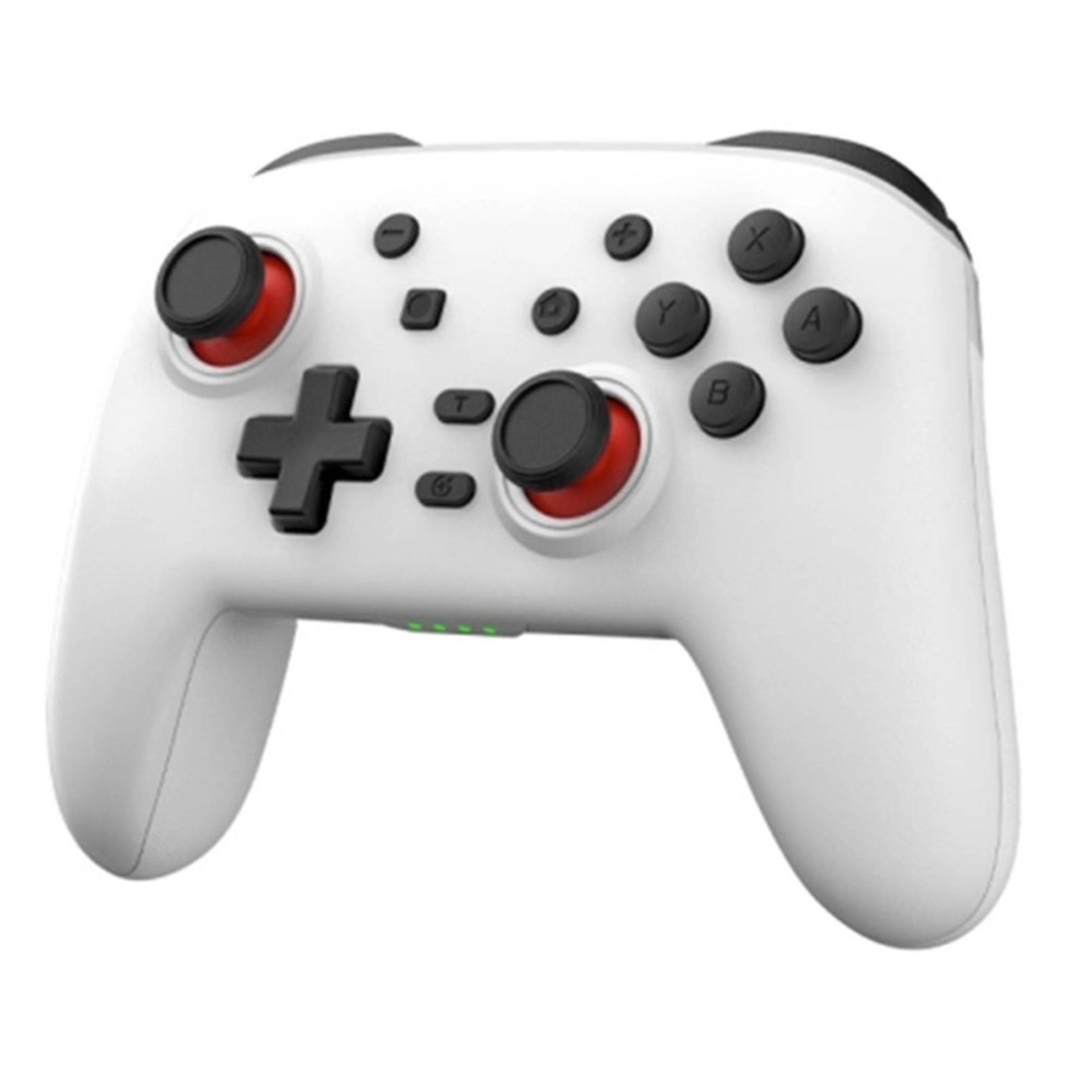 Weißer kabelloser Spiele-Controller mit schwarzen Tasten, dualen roten Analogsticks und einem D-Pad auf schlicht weißem Hintergrund.