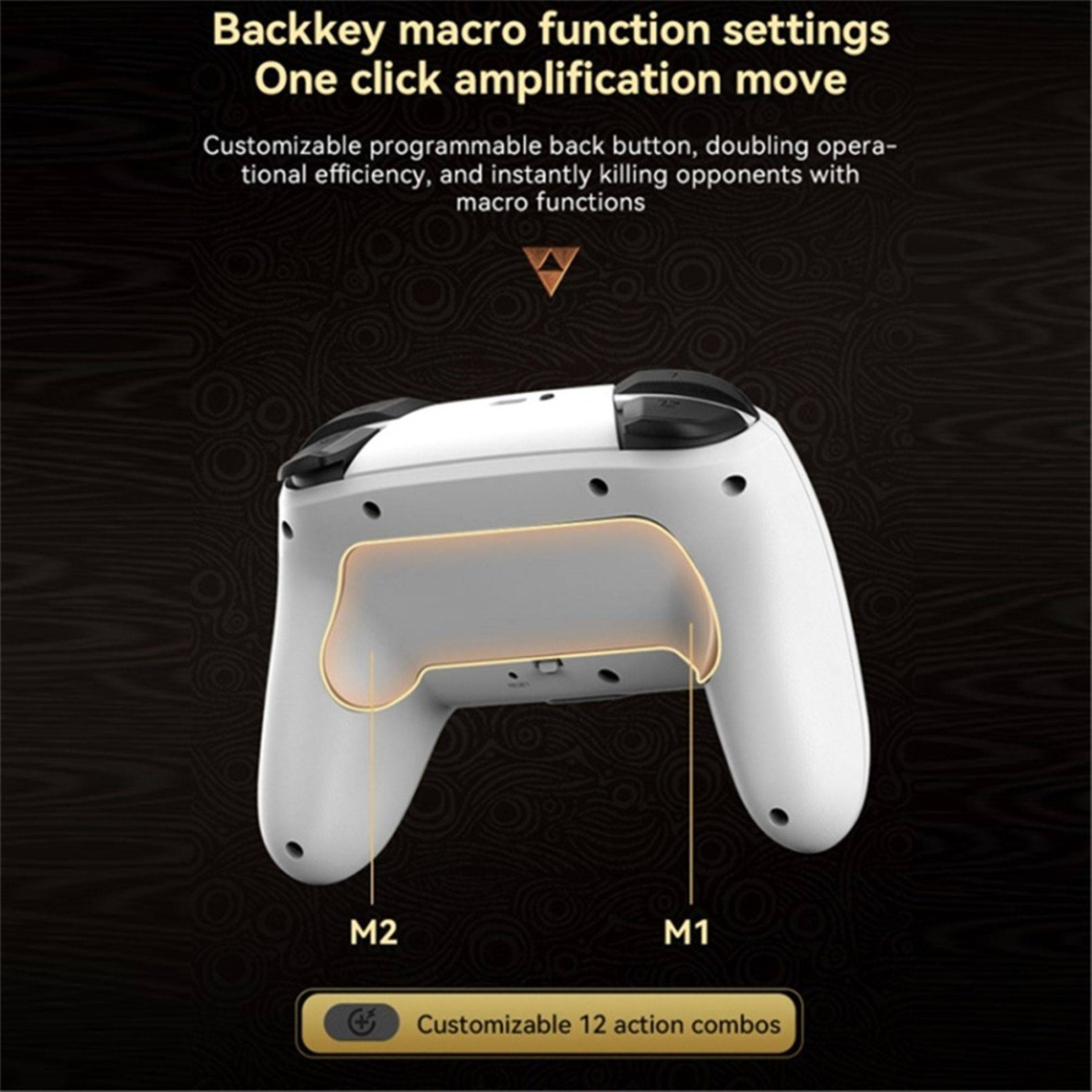 Werbebild eines weißen Backkey-Spielecontrollers mit hervorgehobener Taste auf der Rückseite, gekennzeichnet mit M1 und M2, das anpassbare Makroeinstellungen und 12 Aktionskombinationen bewirbt.