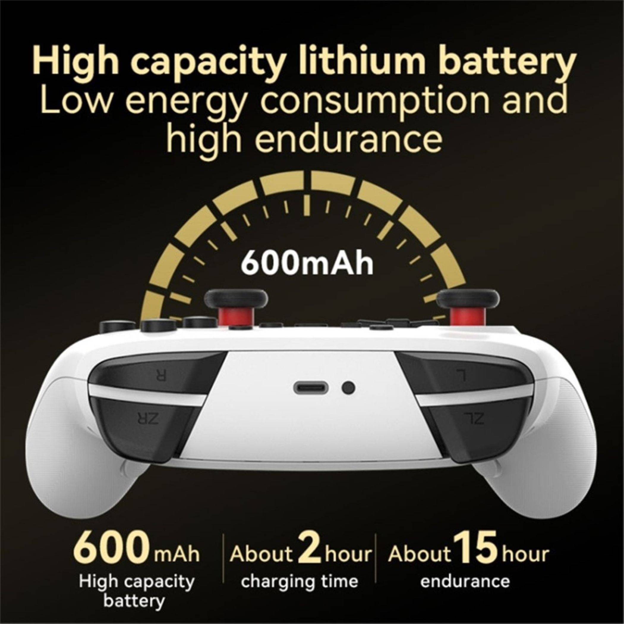 Spiel-Controller mit 600-mAh-Hochleistungs-Lithium-Akku, niedrigem Stromverbrauch, etwa 2-stündiger Ladezeit und etwa 15-stündiger Ausdauer.