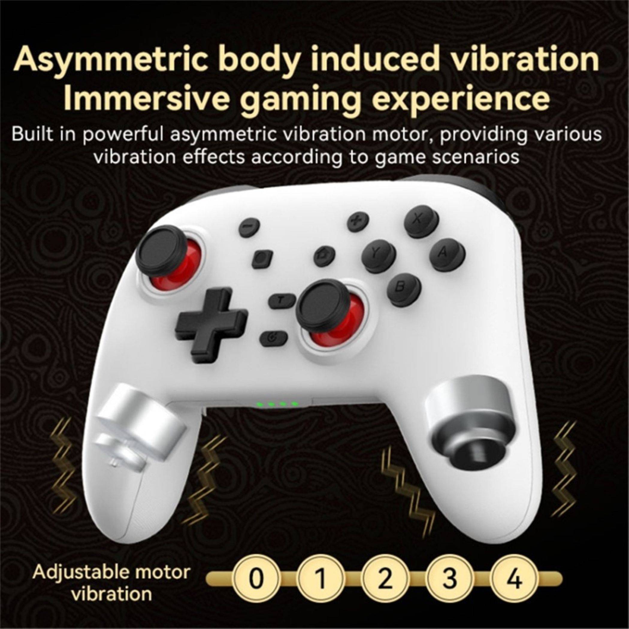 Die Anzeige zeigt einen weißen Game-Controller mit „Asymmetrischer körperinduzierter Vibration" und „Immersives Spielerlebnis"" und hebt die einstellbaren Vibrationsmotoreinstellungen von 0 bis 4 hervor.