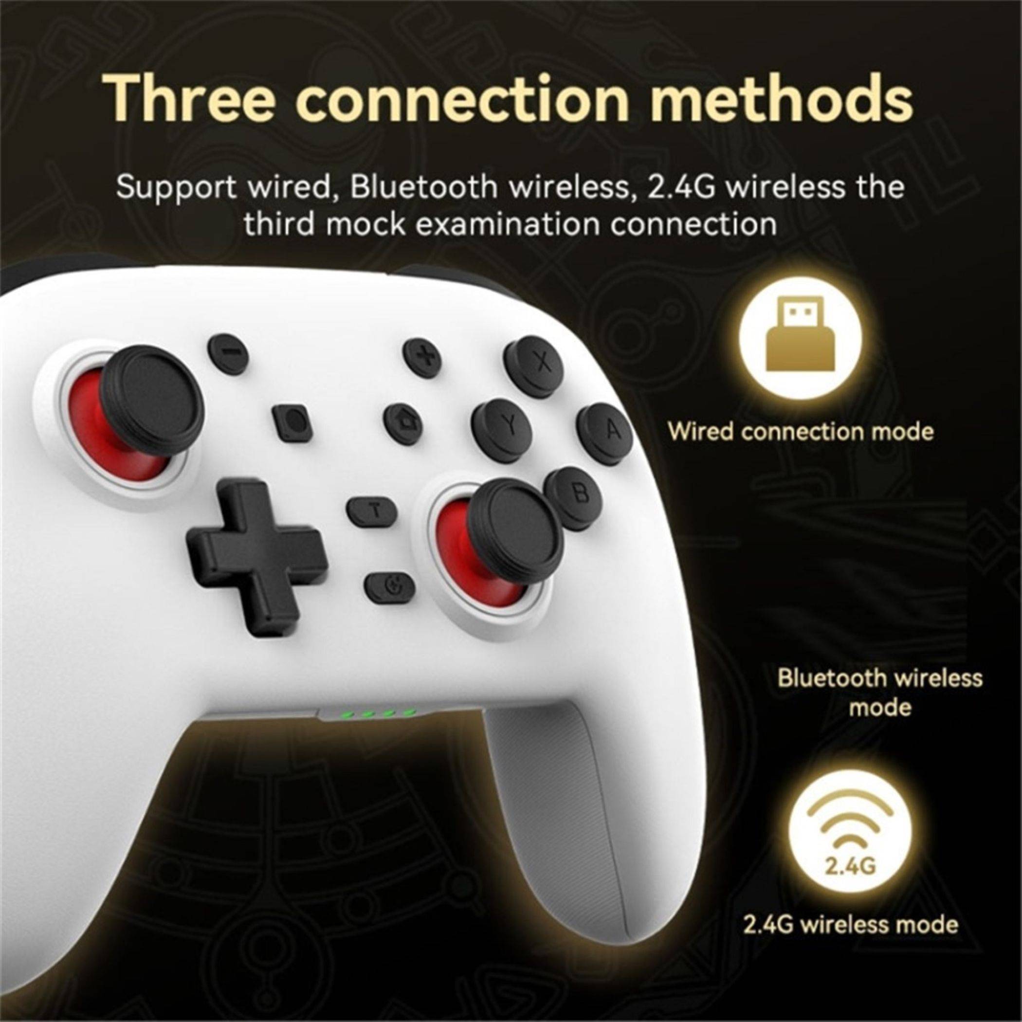Beworbenes Grafikdesign eines Spielcontrollers mit "Drei Verbindungsmethoden"": kabelgebunden, Bluetooth-Wireless und 2,4-G-Wireless-Modi.