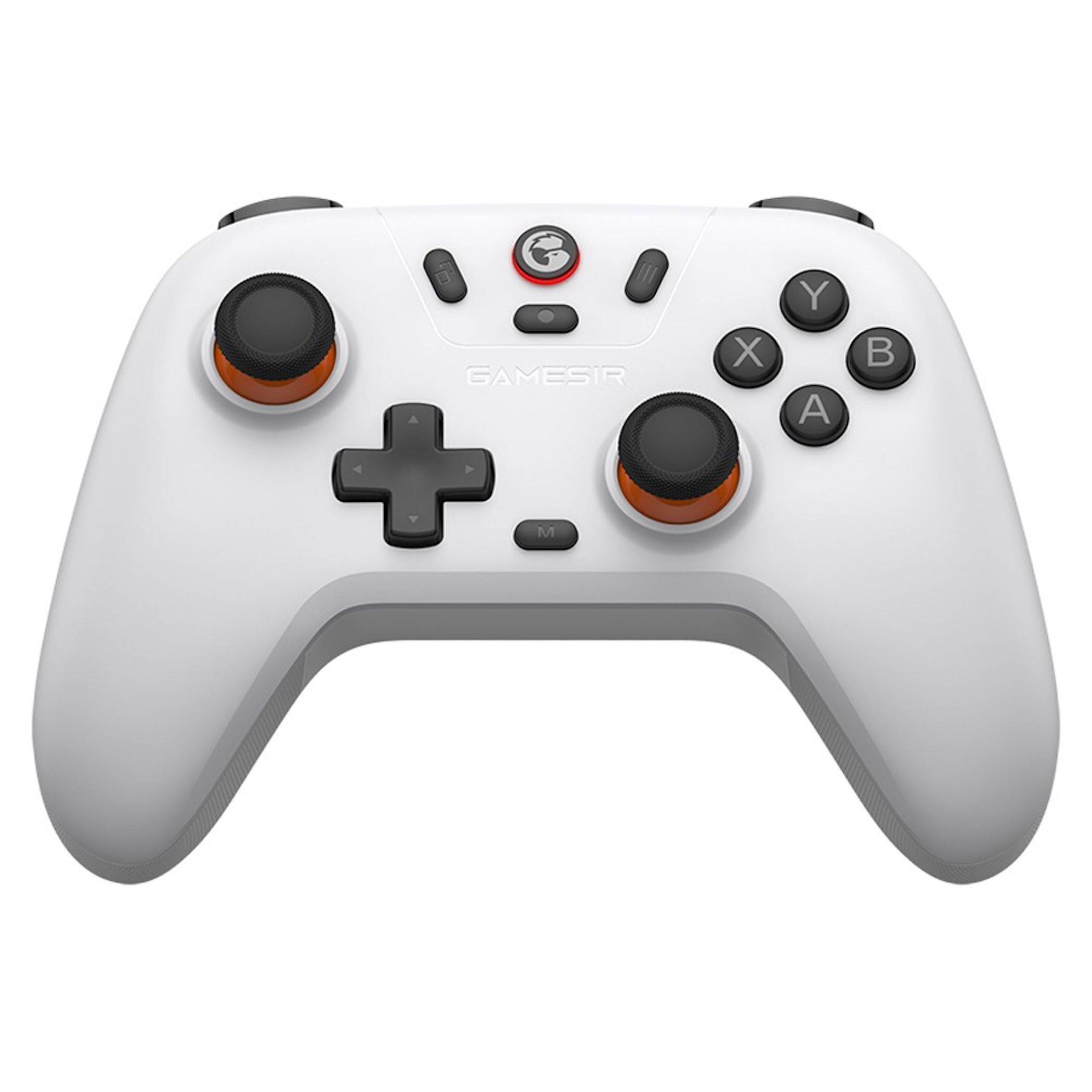 Weißer kabelloser Spiele-Controller mit schwarzen Analog-Sticks, D-Pad und ABXY-Tasten auf einfachem Hintergrund.