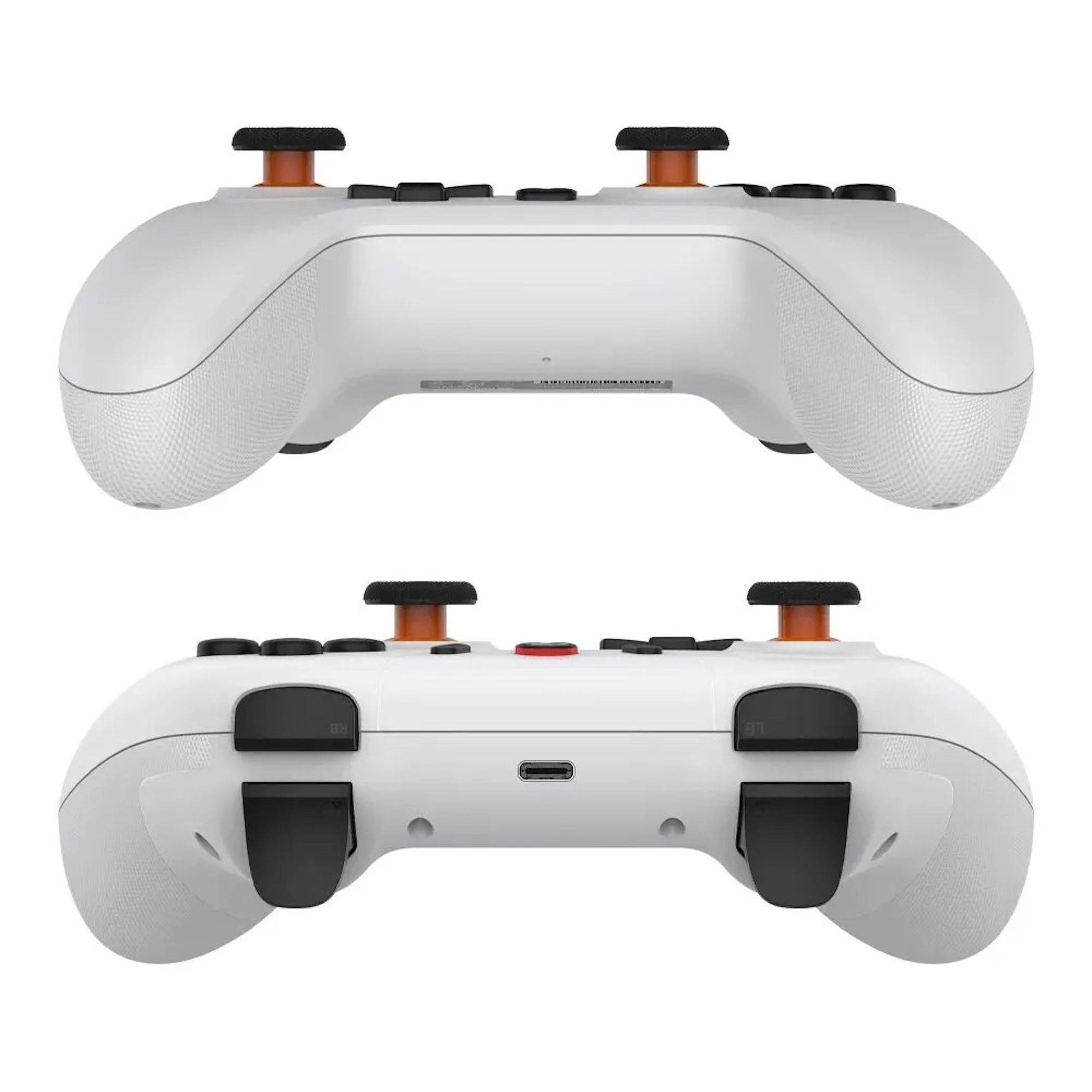 Zwei Ansichten eines weißen Spielcontrollers von oben und von hinten mit Thumbsticks, Tasten, Triggern und hinteren Paddles.